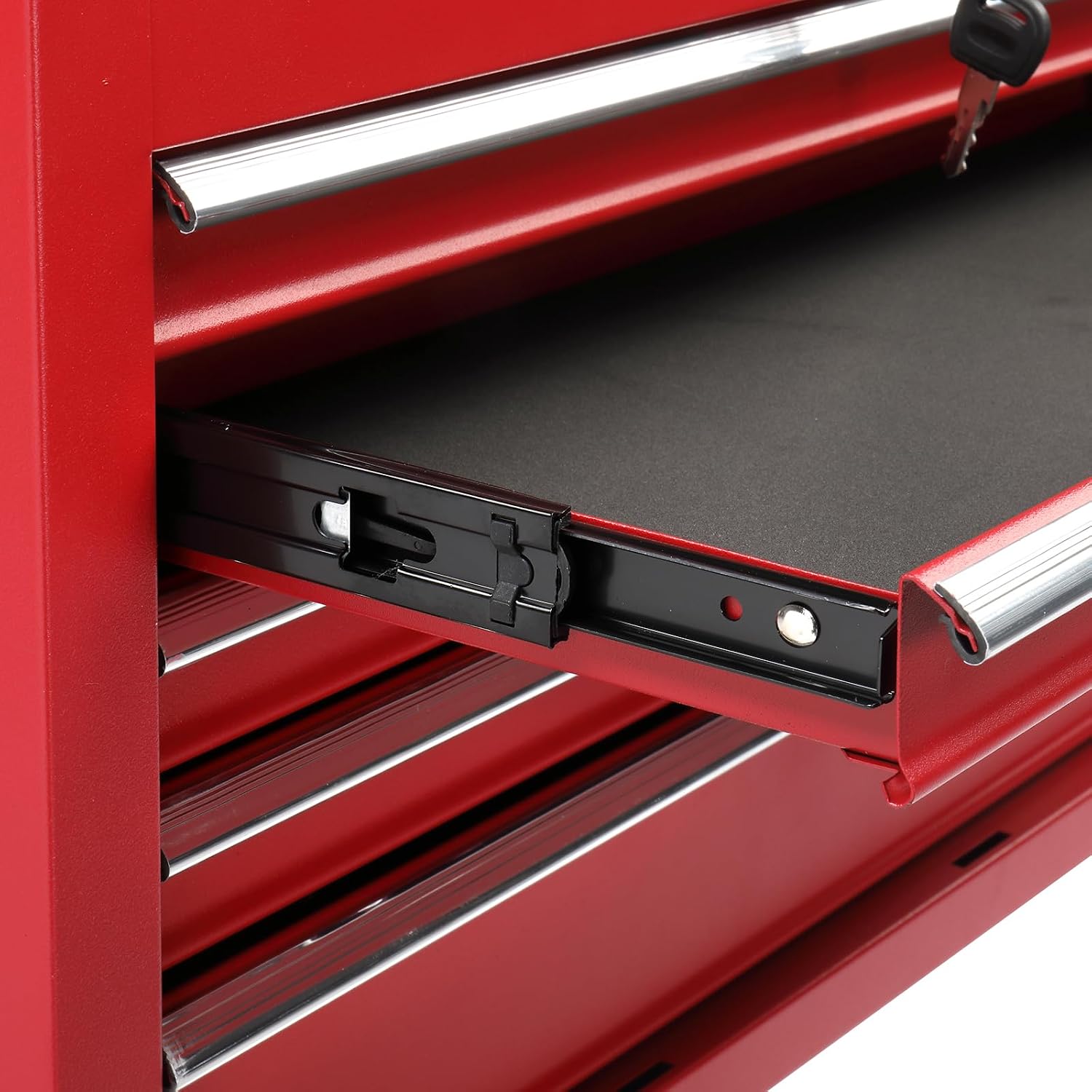 24" Metal Portable Tool Box with 5 Drawers, Lockable, Red | ToolBox with Top Storage Tray, Carry Handle, Ball Bearing Runners, Tool Chest Cabinet for Garage, Warehouse, Repair Shop