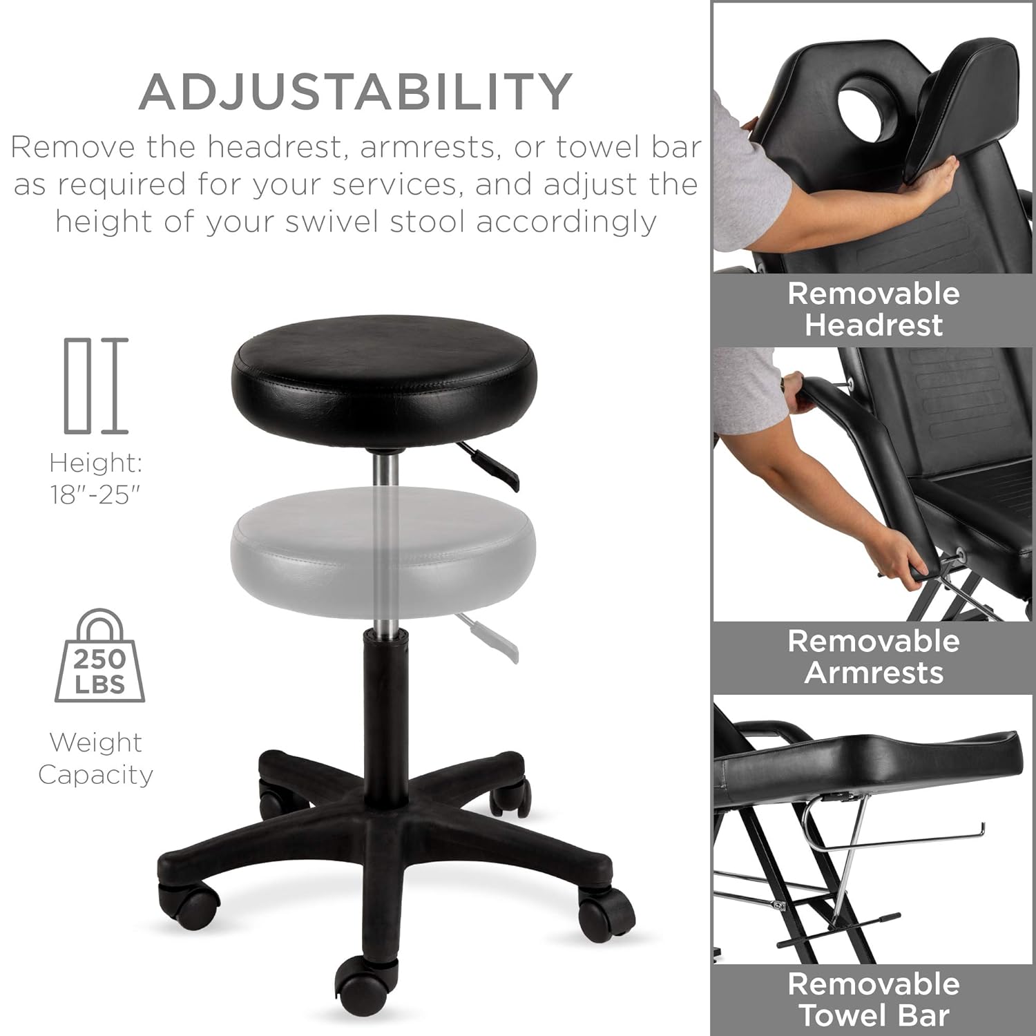 Best Choice Products 71in 3-Section Multipurpose Massage Bed, Spa & Salon Facial, Tattoo Chair w/Hydraulic Stool, Removable Headrest, Facial Cradle