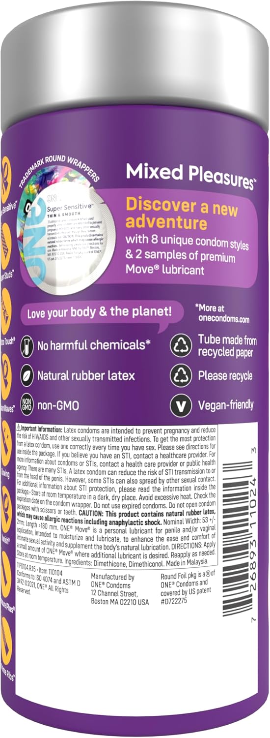 ONE® Condoms Mixed Pleasures™ Variety Pack | Ultra Thin, Glowing, Flavored, and Textured Condoms | 24 Count