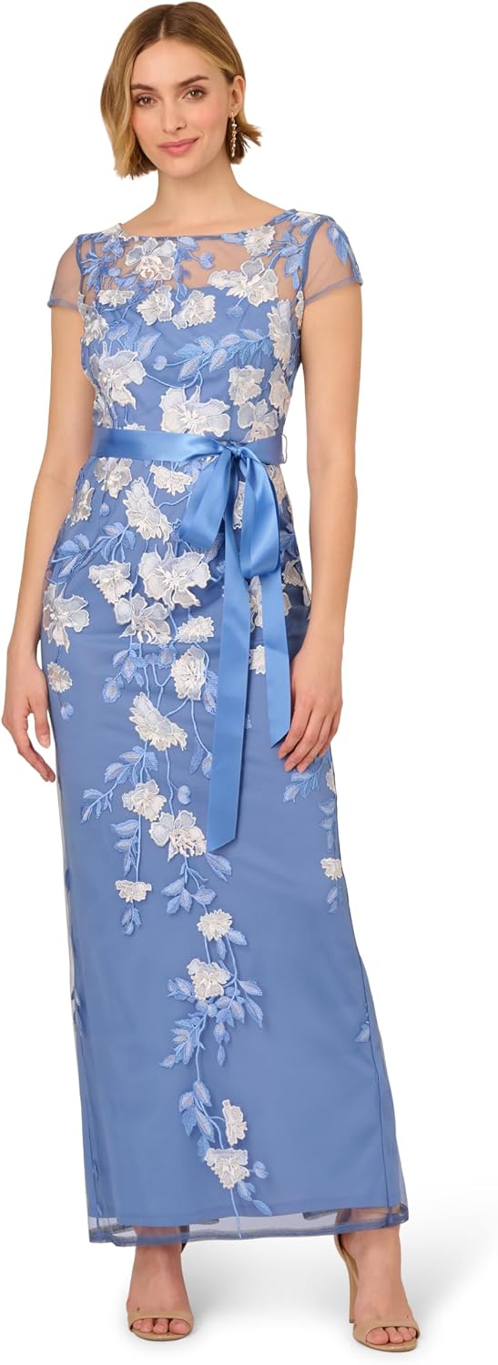Adrianna Papell Cascading Floral Embroidered Long Column Gown