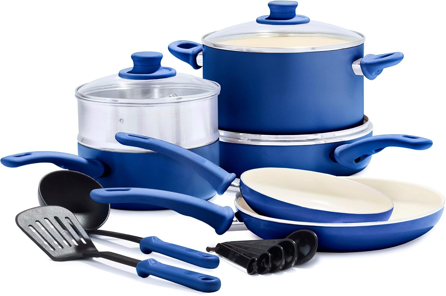GreenLife Soft Grip Healthy Ceramic Nonstick, 15 Piece Cookware Pots and Pans Set, Induction, PFAS-Free, Dishwasher Safe, Turquoise