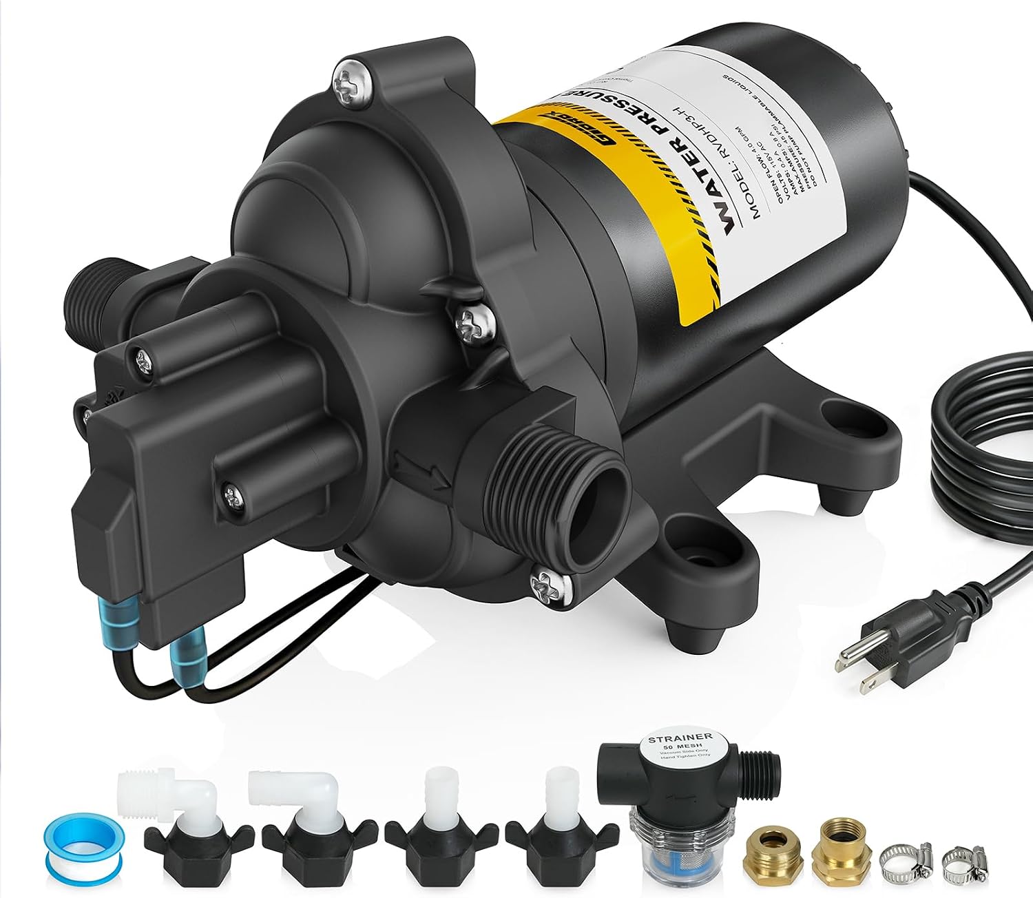 12V RV Water Pump, 5.0 GPM 55 PSI Diaphragm Pump, 20Volt Quiet Fresh Water Pump with Pressure Switch, Self Priming Pressure Pumps for RV Camper Boat Marine Food Truck, Dark Grey