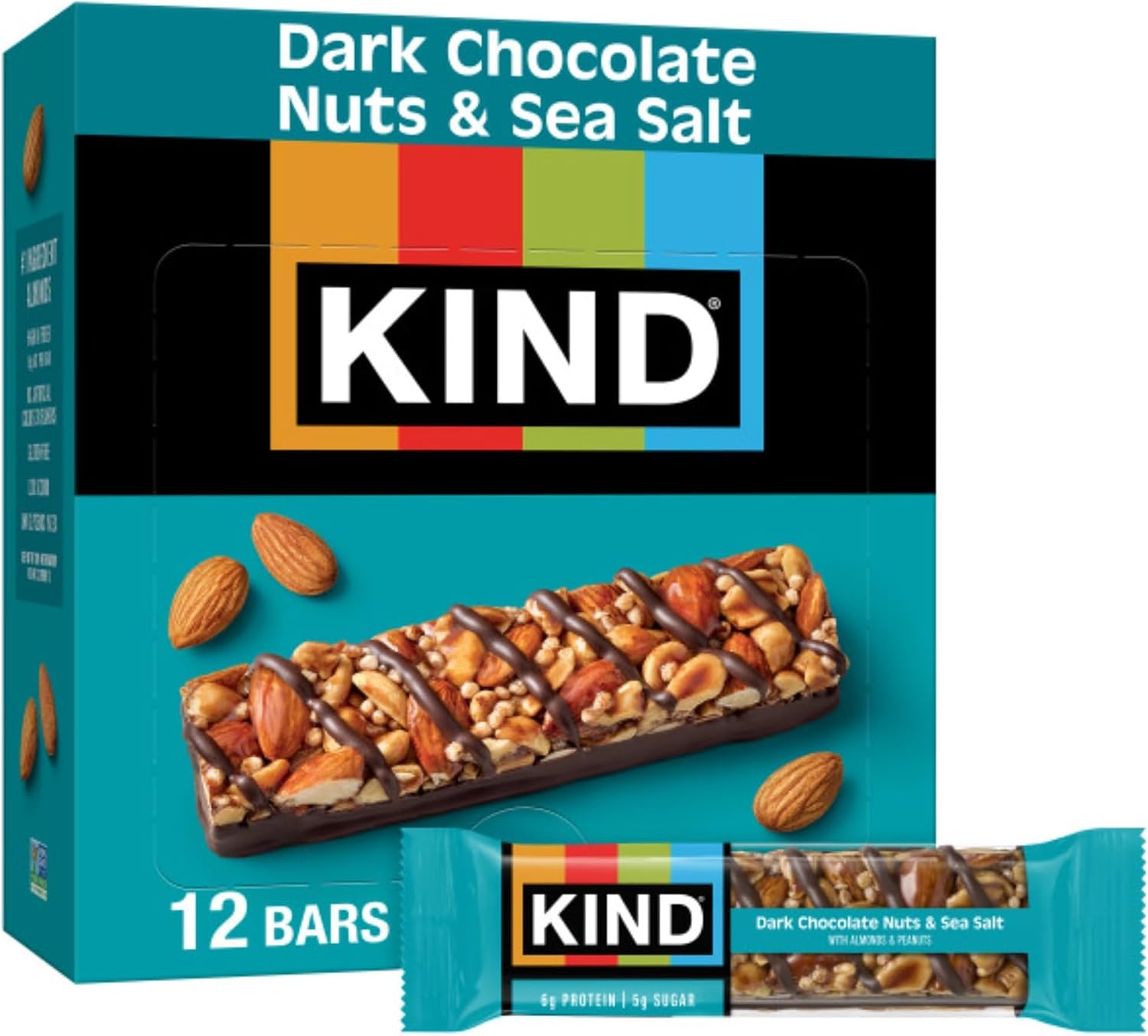 KIND Healthy Snacks Bars, Dark Chocolate Nuts & Sea Salt, Gluten Free, Low Sugar, High Fiber Snacks, 6g Protein, 12 Count