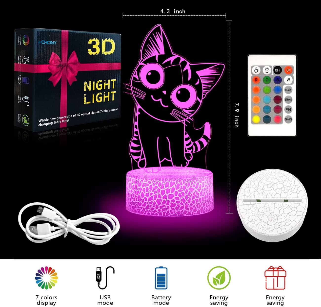 i-CHONY Dinosaur Toy T-Rex 3D Night Light for Kids, 16 Colors Dimmable Dinosaur Led Light with Remote & Smart Touch