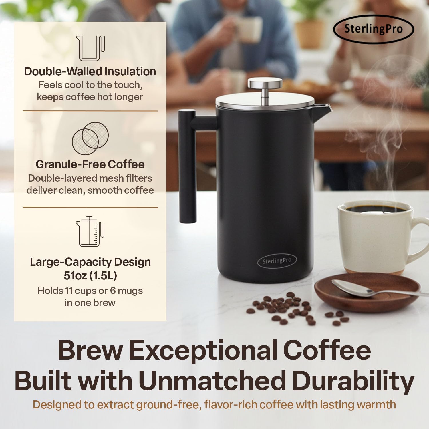 SterlingPro Large Insulated Stainless Steel French Press Coffee Maker 51oz Capacity (44 oz Brew Yield) – Double Wall Metal Coffee Press | Plastic Free | Cool-Touch | Mirror Finish | 12 Cups / 6 Mugs