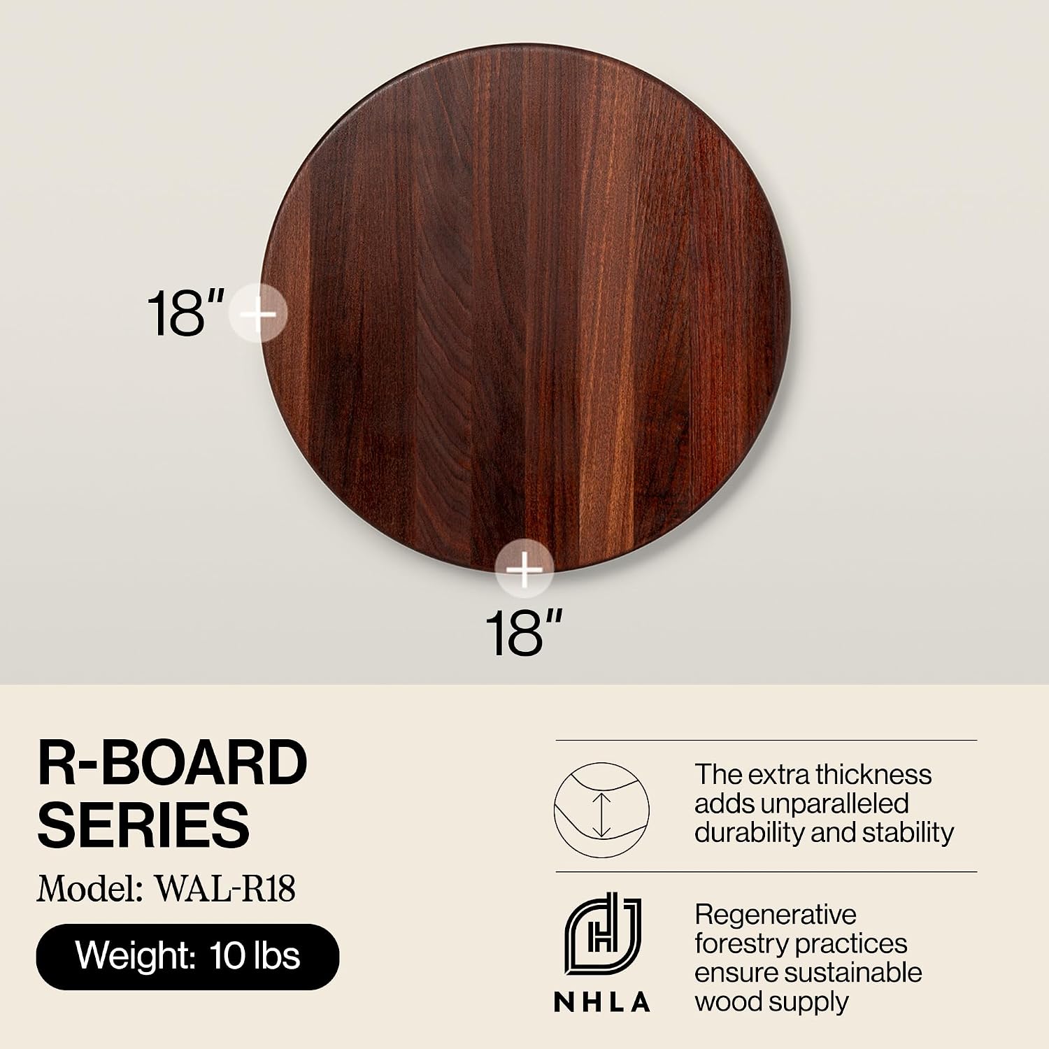 John Boos R-Board Series Round Wooden Maple Cutting Board 18”x18” – 1.5” Thick, 14-lb Reversible Butcher Block with Edge-Grain – Made in the USA