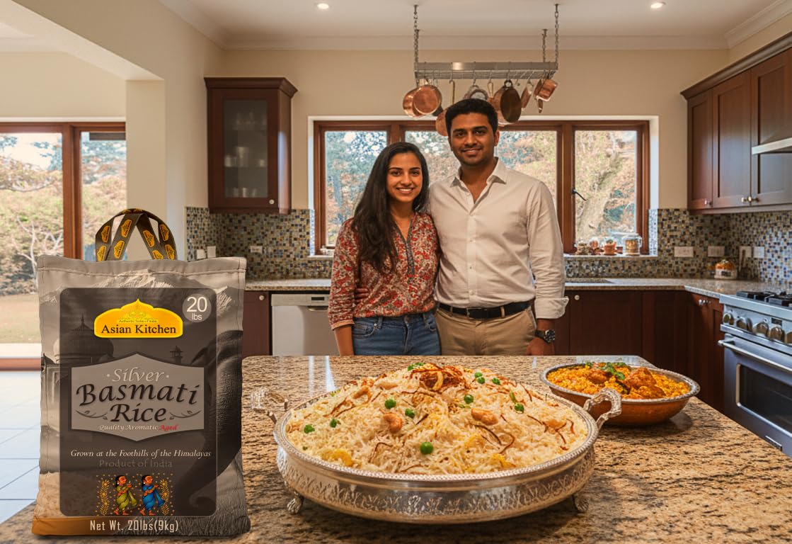 Asian Kitchen Platinum White Basmati Rice Extra Long Aged 20lbs (9.08kg) ~ All Natural | Gluten Friendly | Vegan | Indian Origin | Export Quality