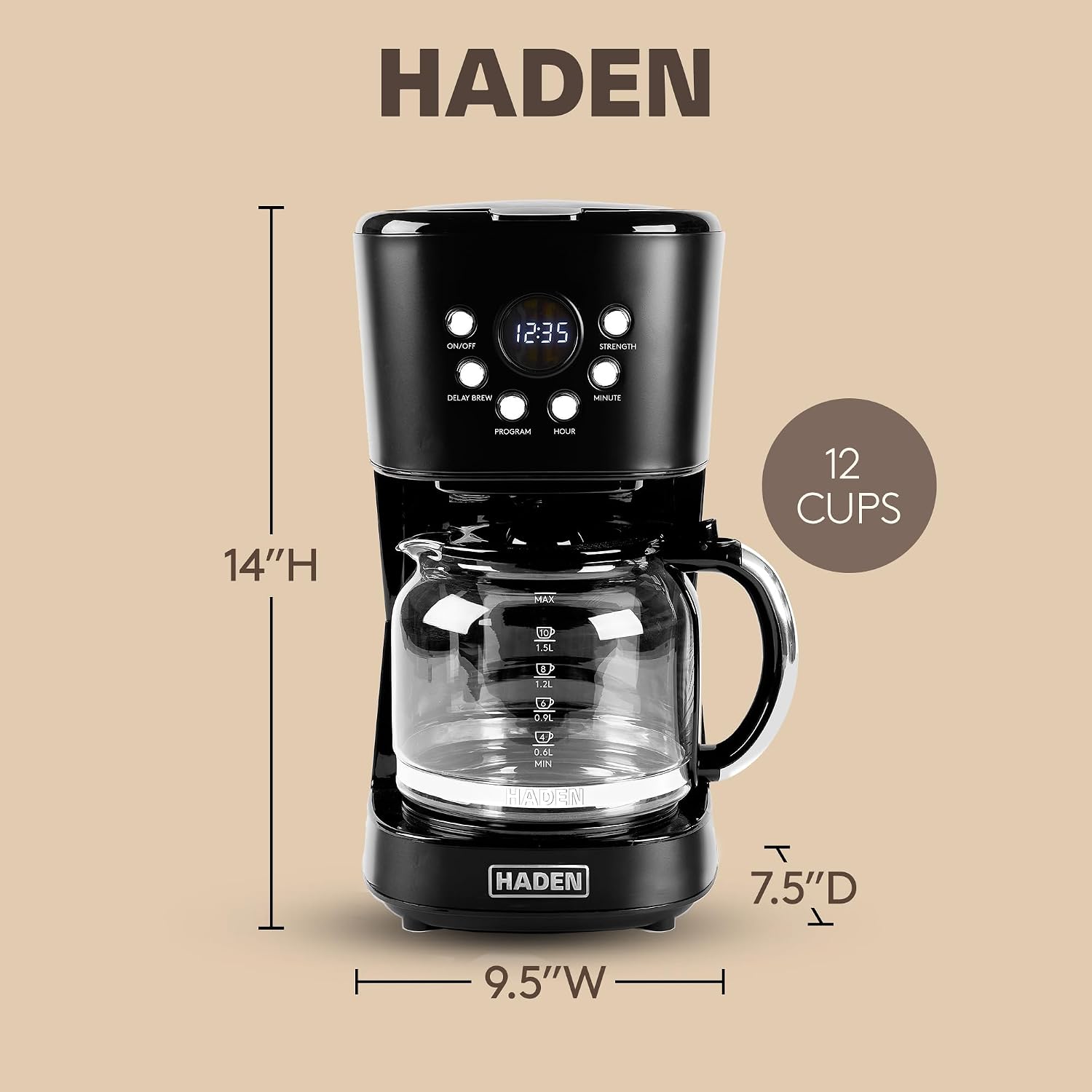 HADEN 12-Cup Programmable Coffee Maker for Home or Office, Putty & Chrome – Drip Brewer Machine with Brew Strength, Delay Brewing