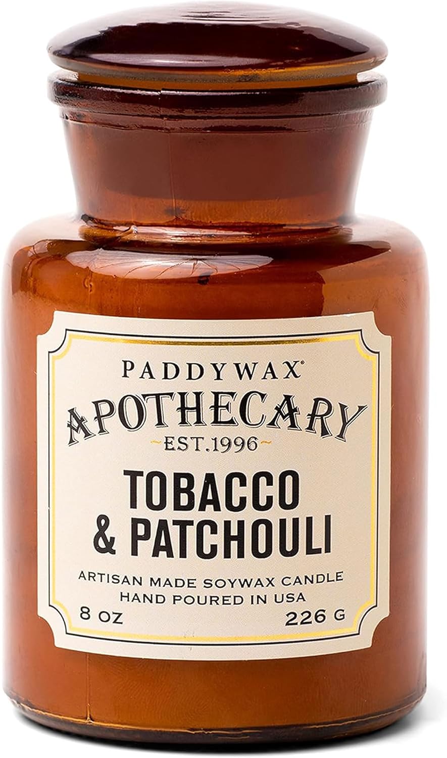 Paddywax Artisan Apothecary Scented Candle, Tobacco & Patchouli, 8 oz | With Lid, Reusable Glass Jar, Clean Burning Soy Candle, Approx. 54 Hour Burn Time