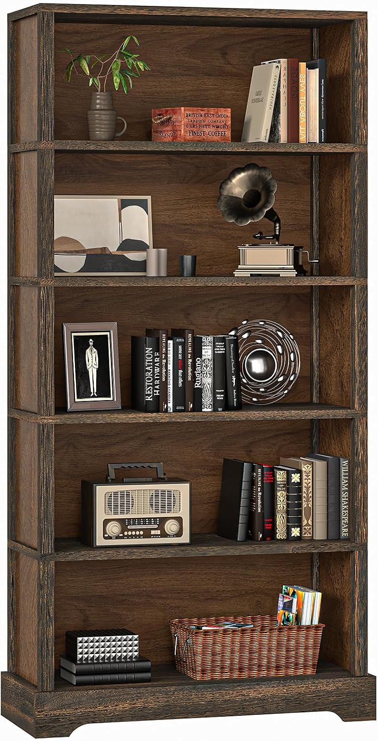 TVU 5 Tiers Wooden Bookshelf, 65.2" Tall Farmhouse Style Open Bookcase, 31.5" Wide Standing Book Shelf with Storage for Study Room, Living Room