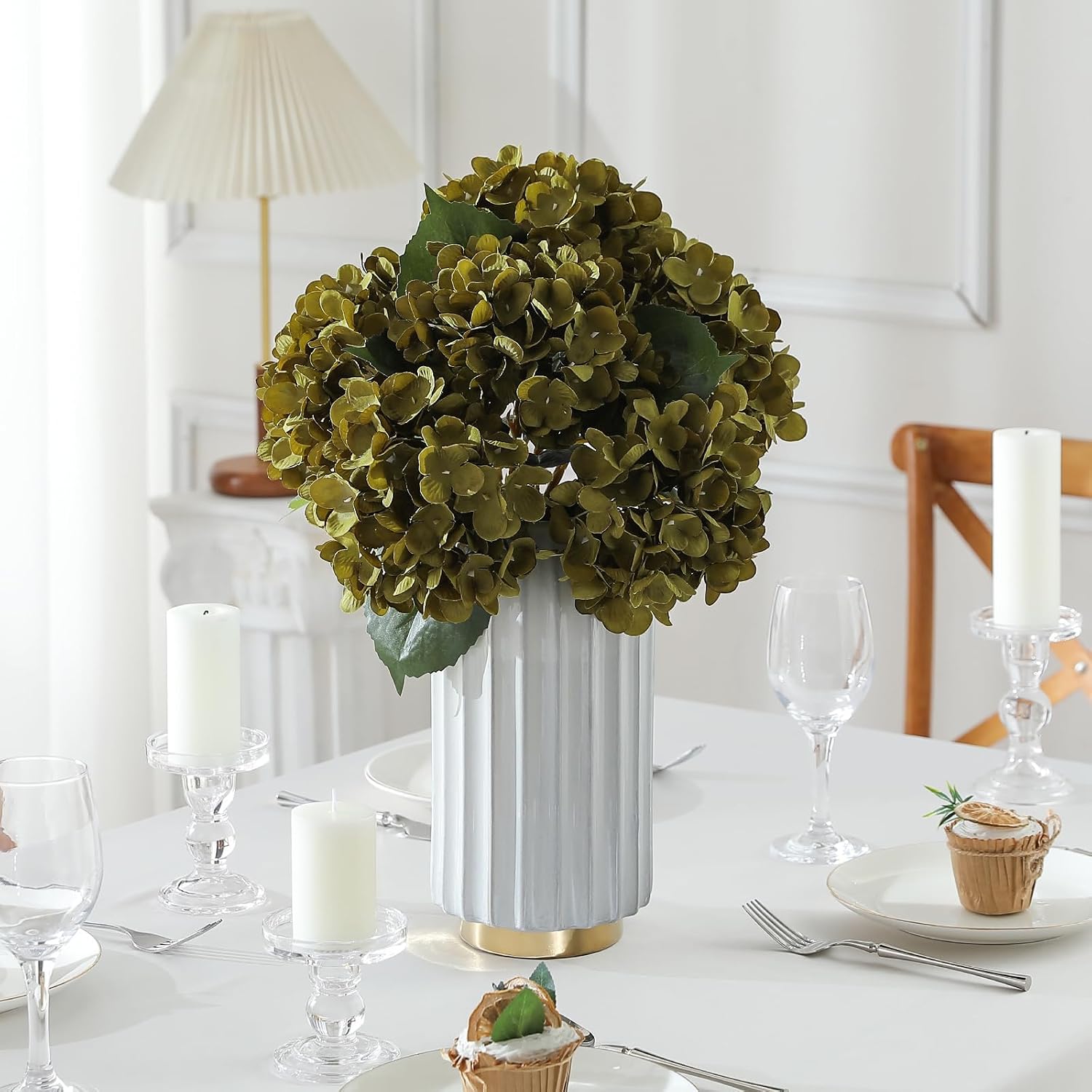 Kisflower 6pcs White Hydrangea Artificial Flowers - Faux Hydrangea Flowers, Fake Silk Flowers for Table Centerpiece