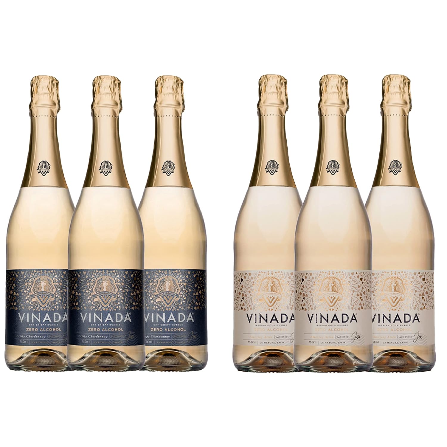 VINADA - Sparkling Gold & Rosé Variety Pack - Zero Alcohol Wine - 750 mL (6 Glass Bottles)