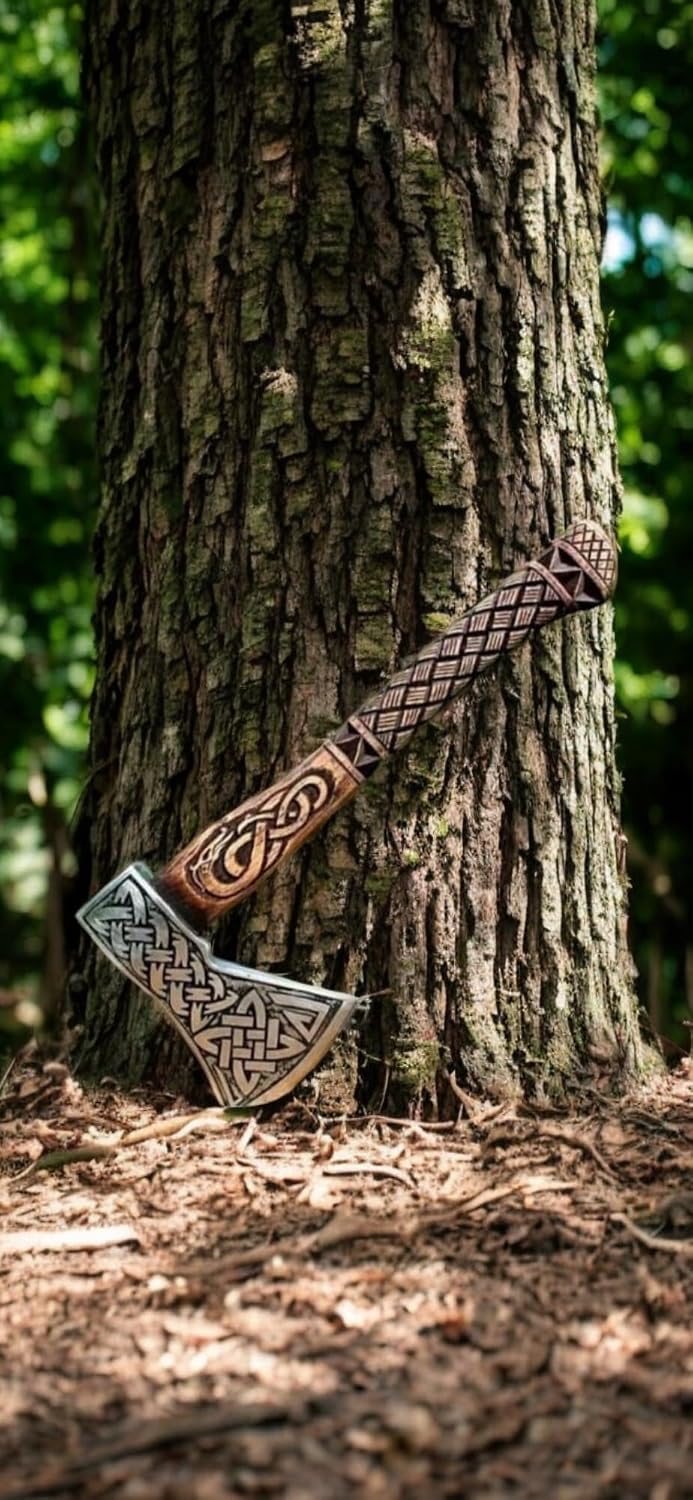 Poshland AX-7000 Custom Gift Forged Carbon Steel Viking Axe with Rose Wood Shaft, Viking Bearded Camping Axe
