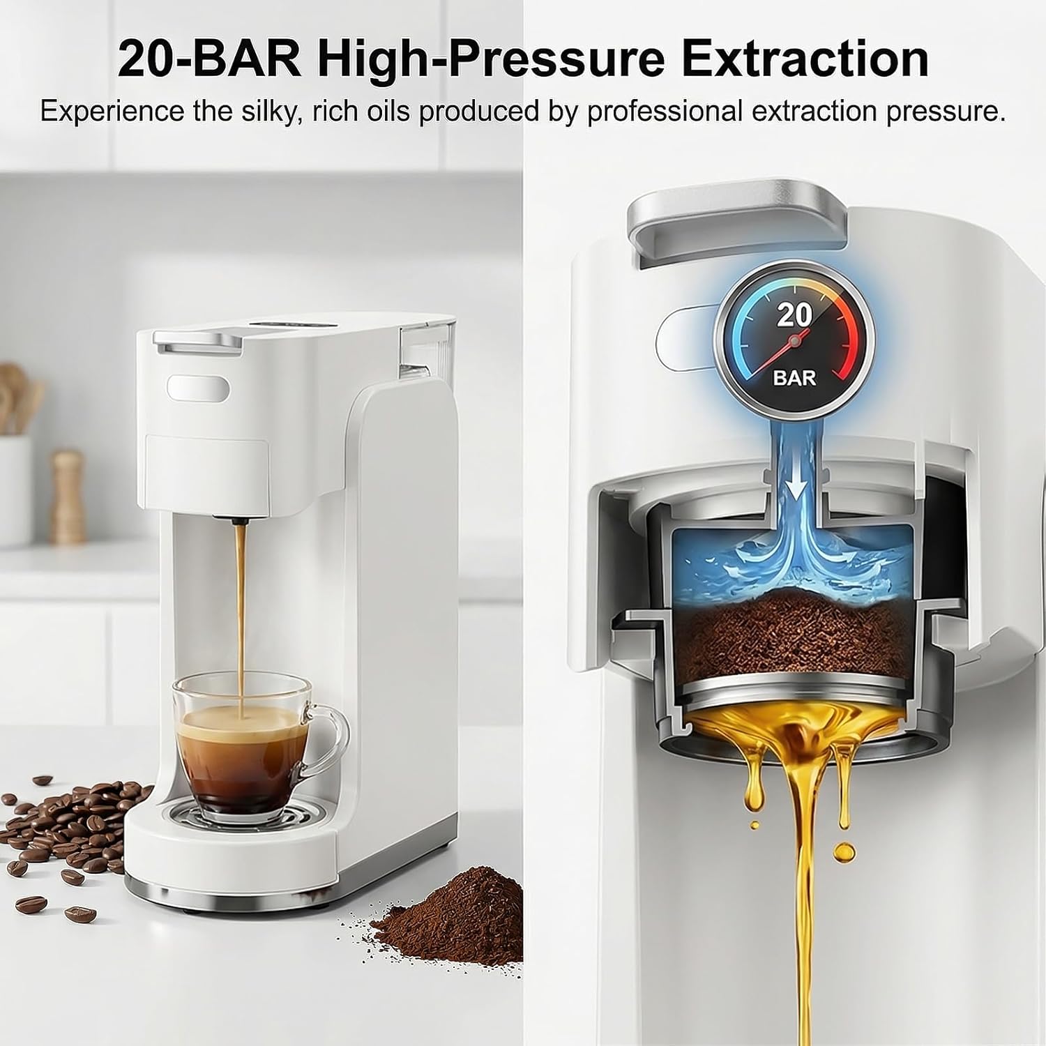 Single-Serve Coffee Maker, 4 in 1 Hot and Iced Coffee Machine, 20-Bar Espresso Coffee Maker for Ground Coffee, K-Cup Pod, NES Original and DG Pod