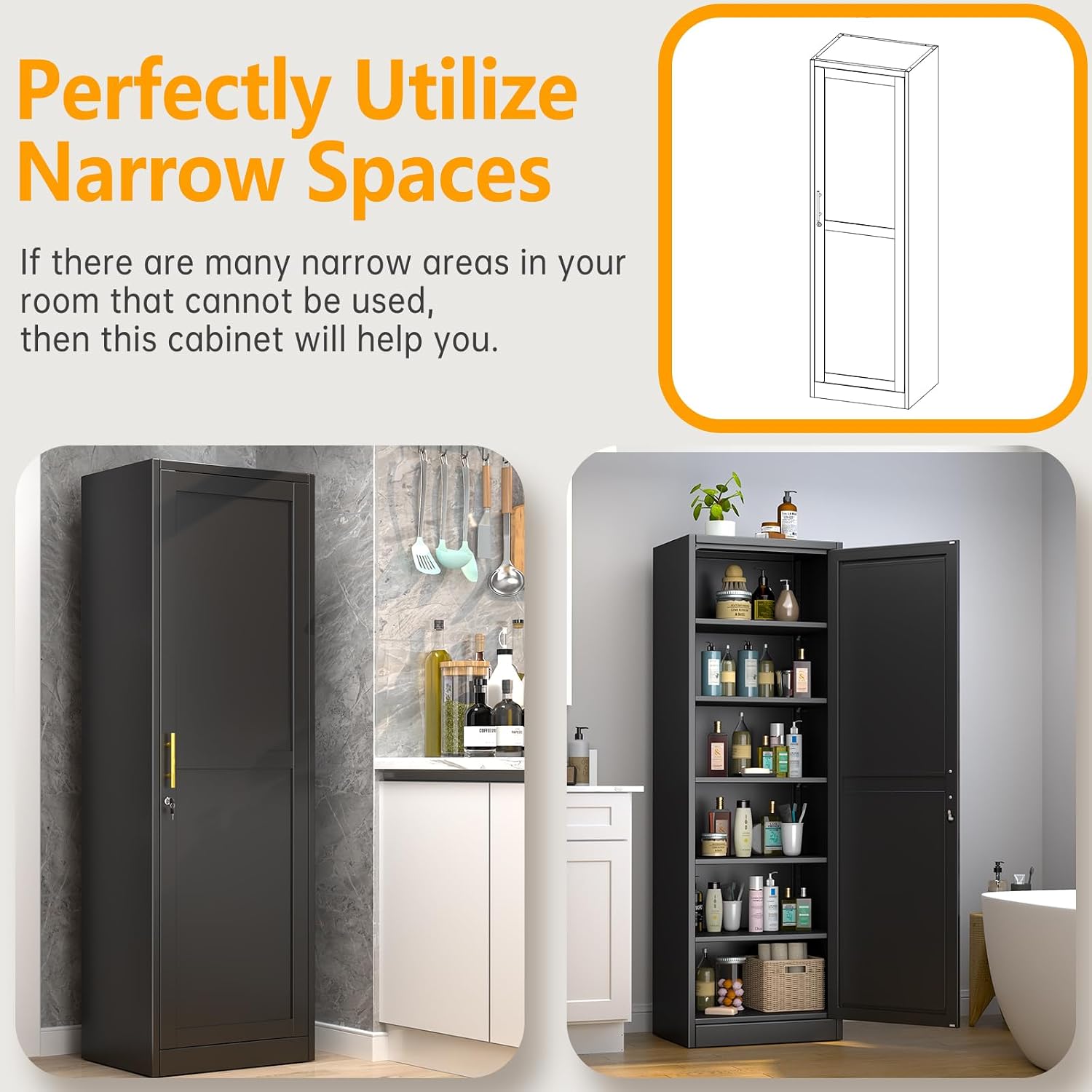 Ckzbx Tall Narrow Storage Cabinet 66.93" H Tall Bathroom Cabinet Metal Pantry Cabinets, 4 Adjustable Shelves for Kitchen, Home Office, Living Room, Dinning Room (20 inches Wide White)