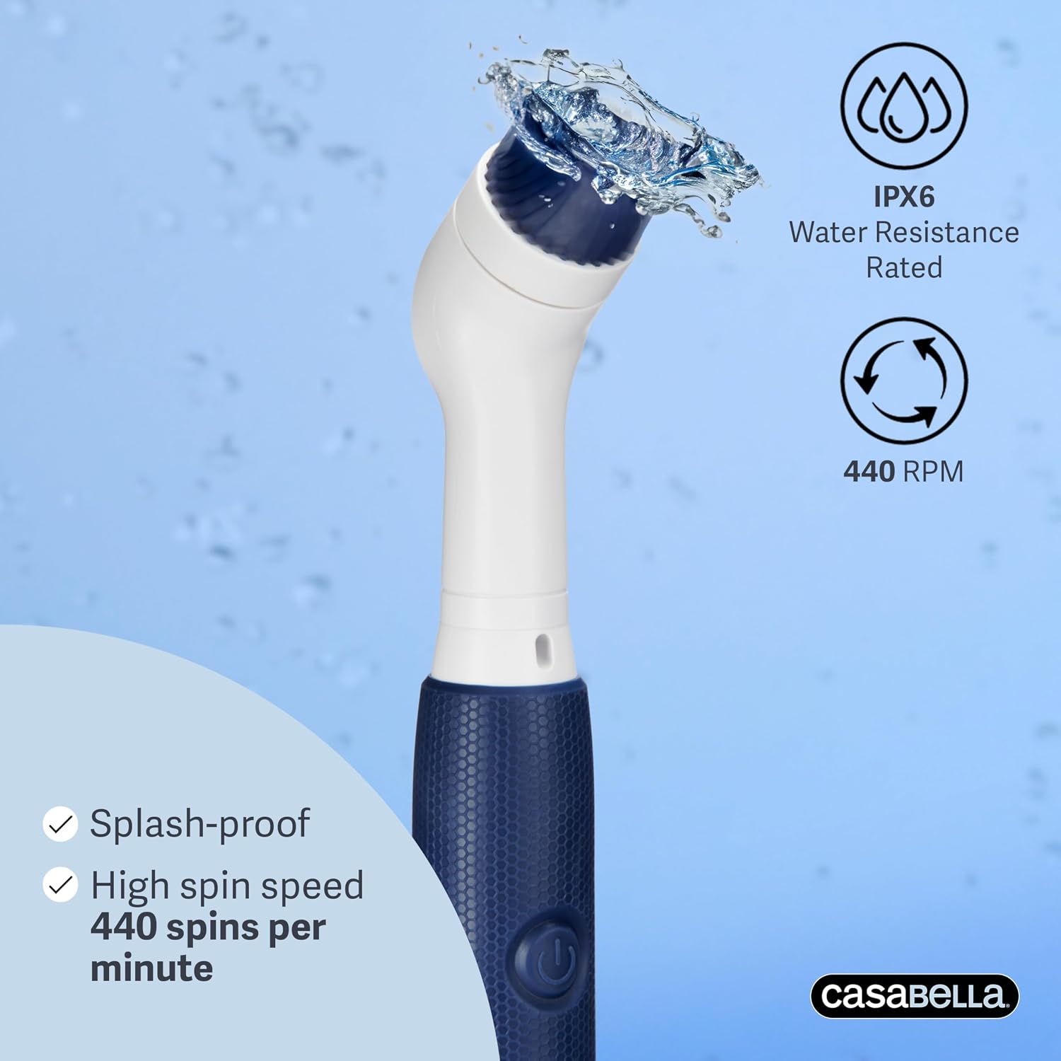 Casabella Power Spin Scrubber, Extendable to 47.5” – Cordless Electric Cleaner for Shower, Kitchen, Bathroom, Tile, Tub, Car, Deck - Rechargeable Spin Brush with Adjustable Brush Head & 4 Attachments