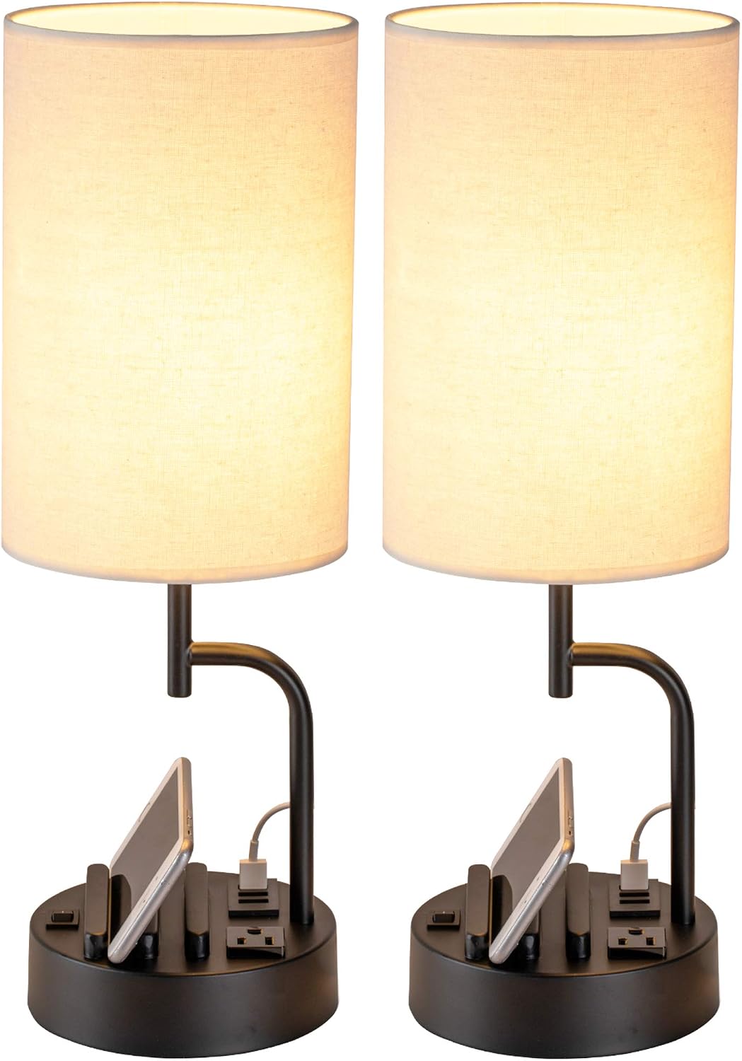 Dreamholder Table Lamp with 3 USB Charging Ports, Modern Desk Lamp with AC Outlet and Phone Stands, Perfect Bedside Lamp for Bedroom, Living Room