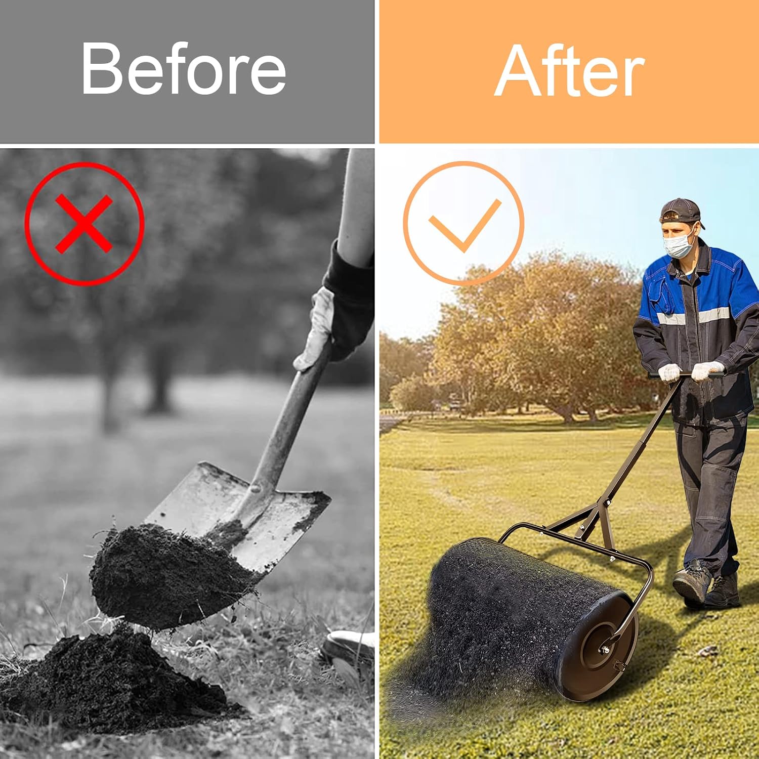 24 in Compost Spreader for Lawn Garden Yard Upgraded T Shaped Handle Moss Durable Lightweight for Planting, Seeding (D15.7In, Black)