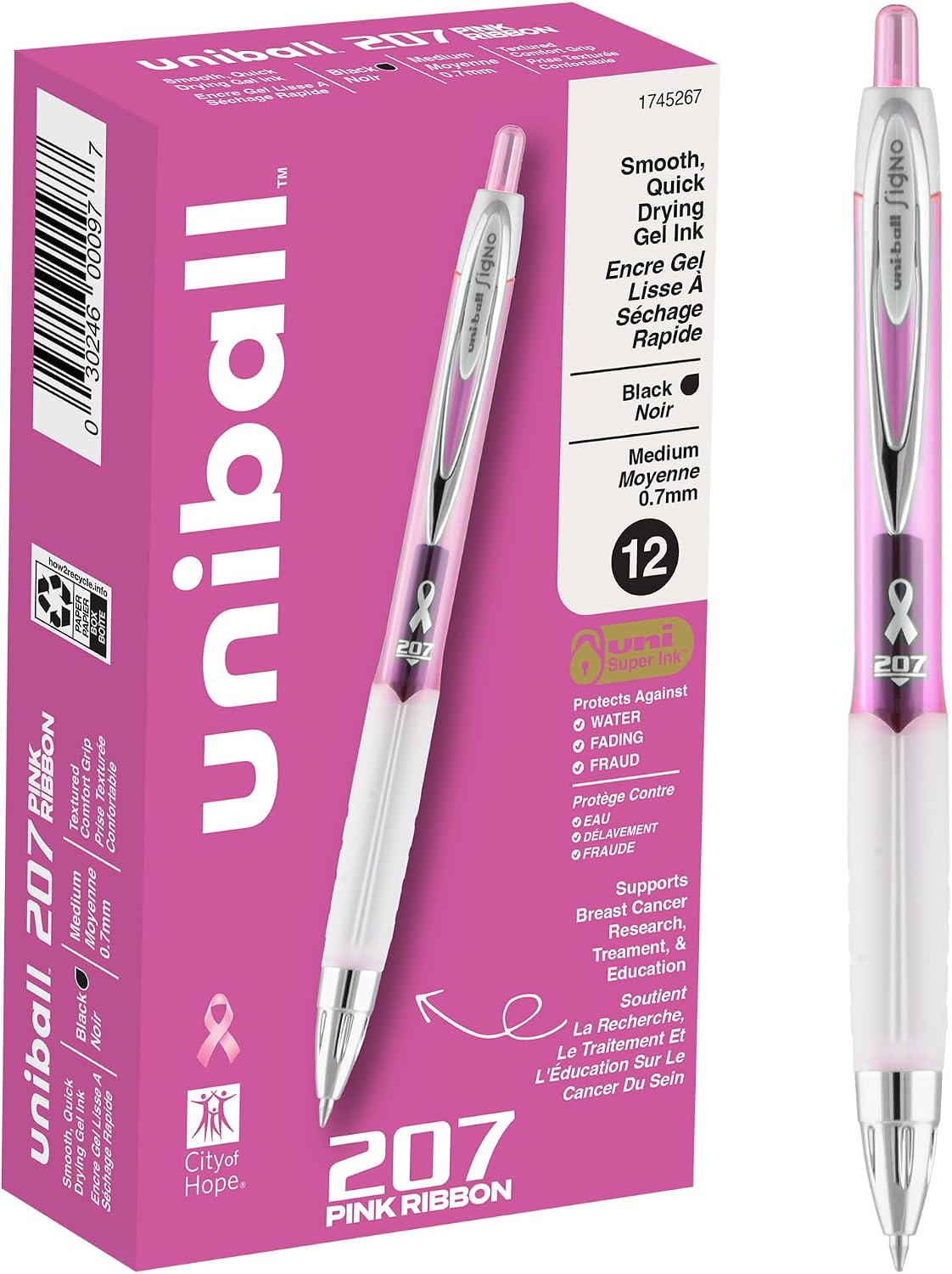 uniball™ 207 Gel Pens, Black Ink, 0.7mm Medium Point, Retractable, 12 Count | Smooth Writing, Fraud-Resistant, uni Super Ink™