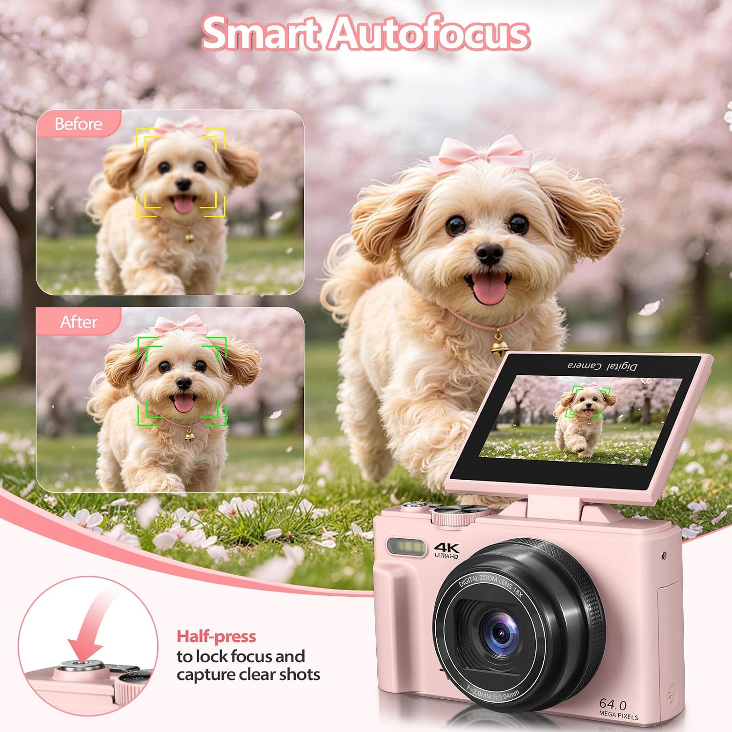 4K Digital Camera for Photography, 64MP Vlogging Camera for YouTube with 3" 180° Flip Screen, WiFi Compact Camera with 18X Digital Zoom, Comes with 32GB Micro SD Card & 2 Batteries, Black