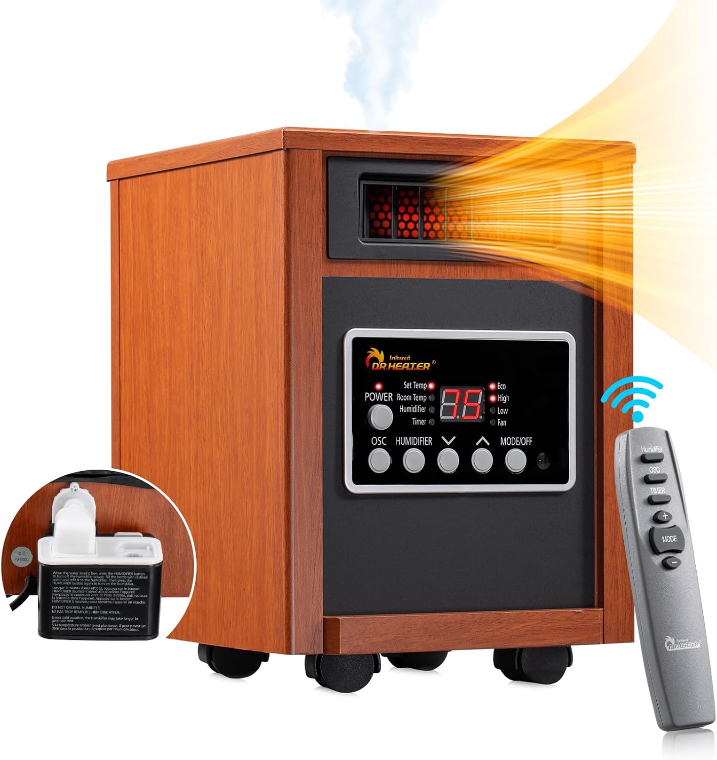 DR. INFRARED HEATER DR-998, 1500W Dual Heating Infrared Space Heater with Humidifier, Oscillation, Remote Control, Thermostat & Safety Protection, Portable with Wheels, Energy Efficient, Cherry