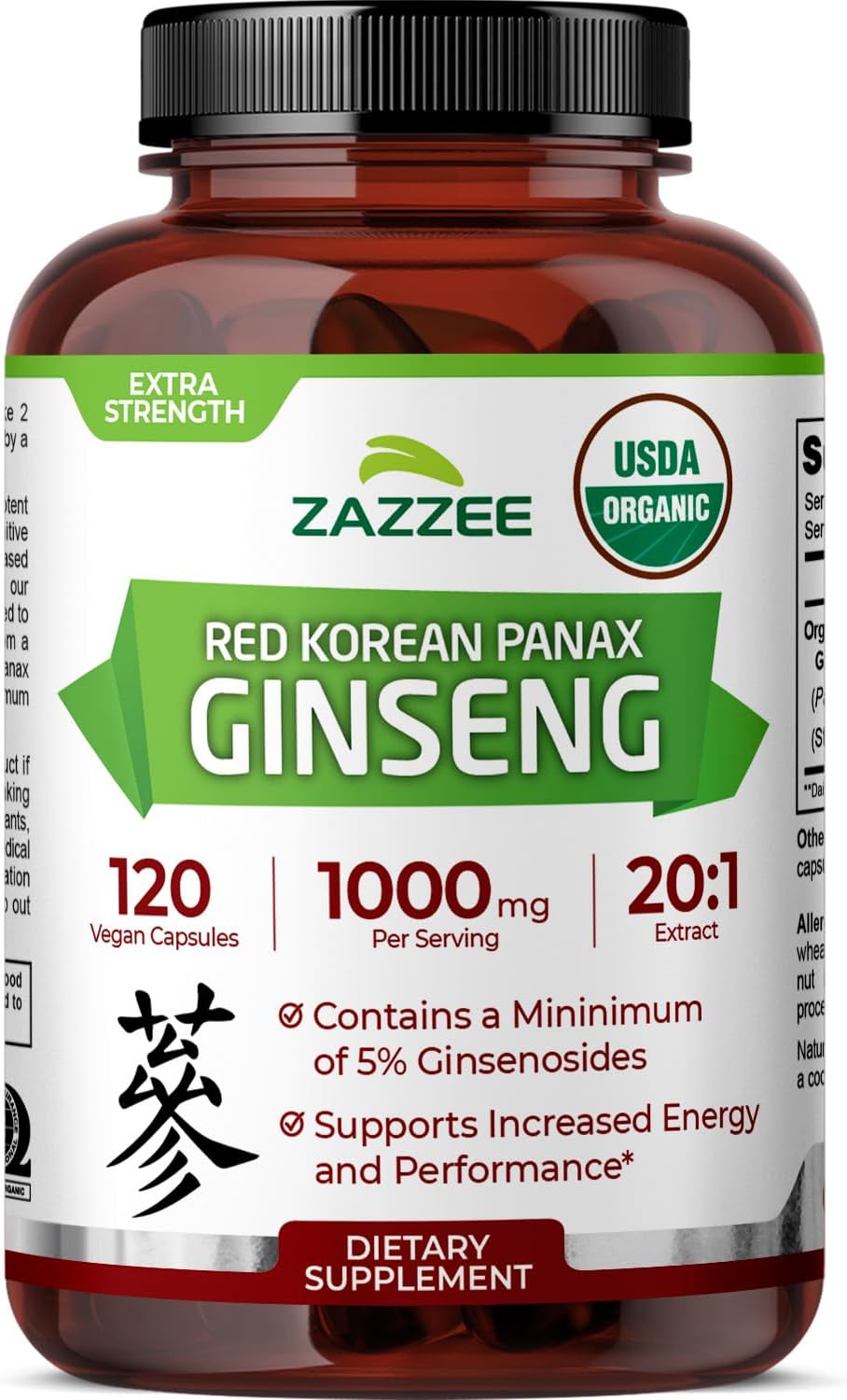 Zazzee USDA Organic Red Korean Panax Ginseng 20:1 Extract, 120 Capsules | 1000 mg Per Serving, 5% Ginsenosides, Vegan, 4 Month Supply
