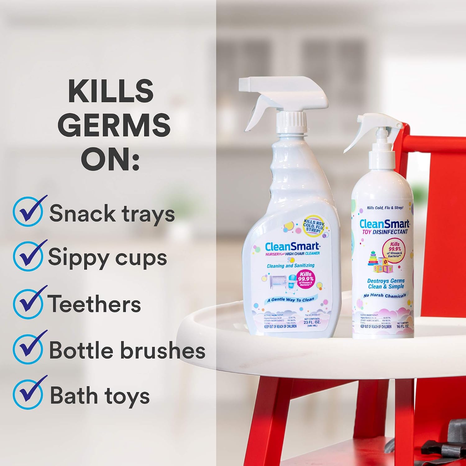 CleanSmart Nursery & High Chair Cleaner, Hypochlorous Acid, 23 oz (2 pack) | Naturally Kills 99.9% of Viruses like RSV and Flu, Zero Residue