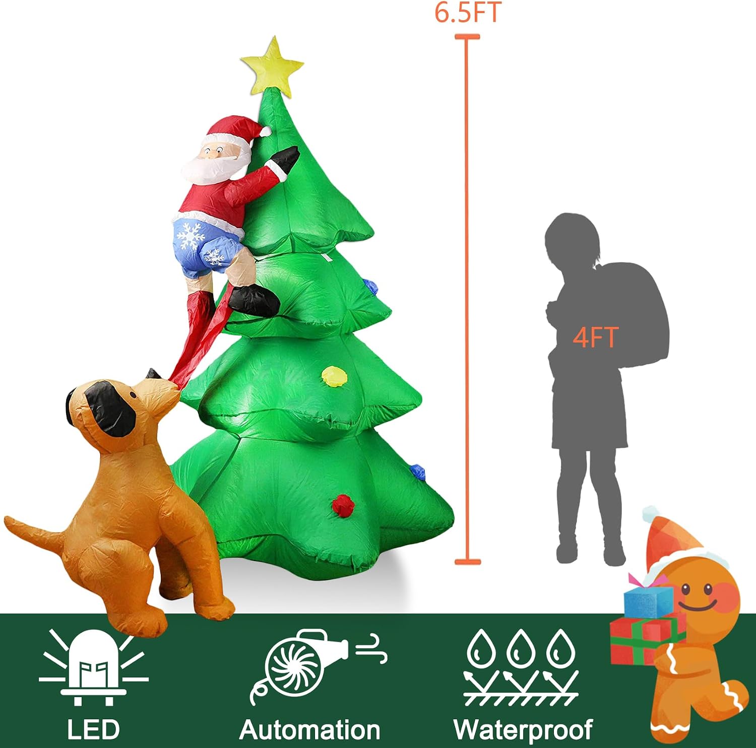 6.5FT H Animated Christmas Inflatable Tree with Santa Claus Chased by Dog Build-in LED Lights Funny Inflatable Dog Chasing Santa Claus,Blow Up Christmas Indoor Outdoor Decor
