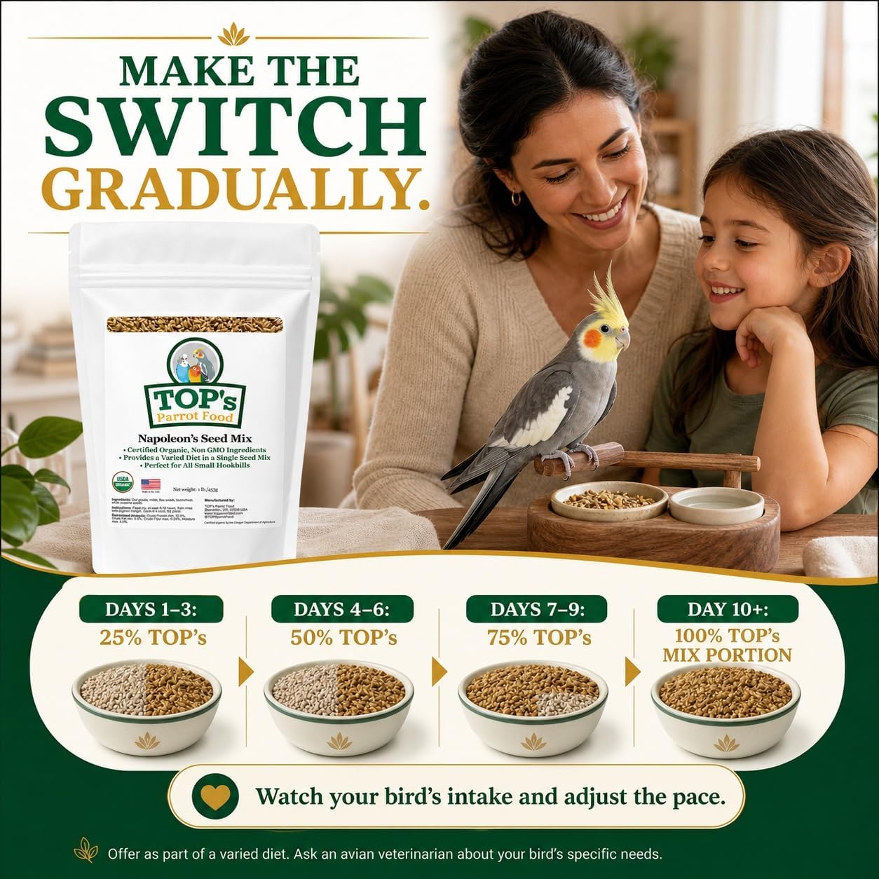 TOP's Napoleon's Seed Mix for All Small Hookbills, Non-GMO, Soy Free, Corn Free, USDA Organic Certified, 1 lb