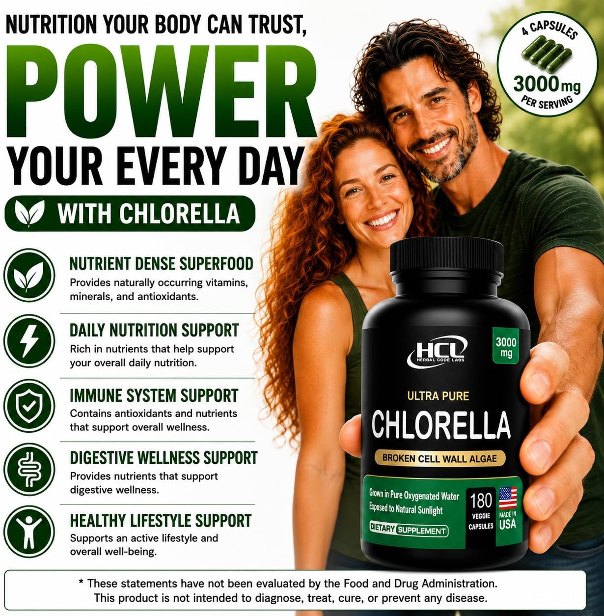 Chlorella Capsules 3000 mg - Cracked Cell Wall Blue Green Algae Supplement - Best Natural Detox Cleanse - Plant Vitamins Minerals Chlorophyll Vegan