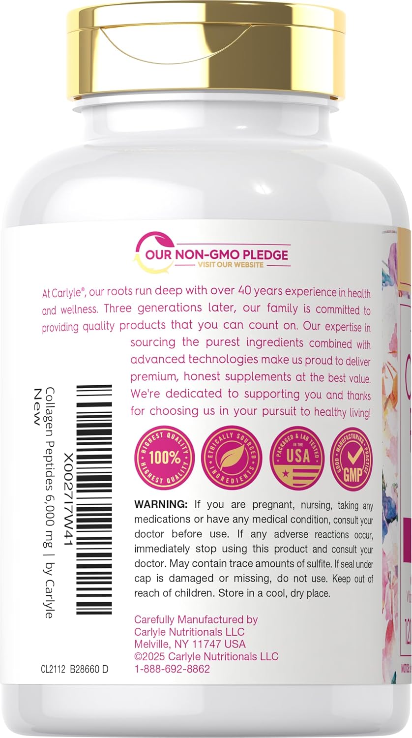 Carlyle Collagen Peptides with Vitamin C | 6000mg | 120 Caplets | Grass Fed Type I & III | Beauty Formula | Non-GMO, Gluten Free Supplement
