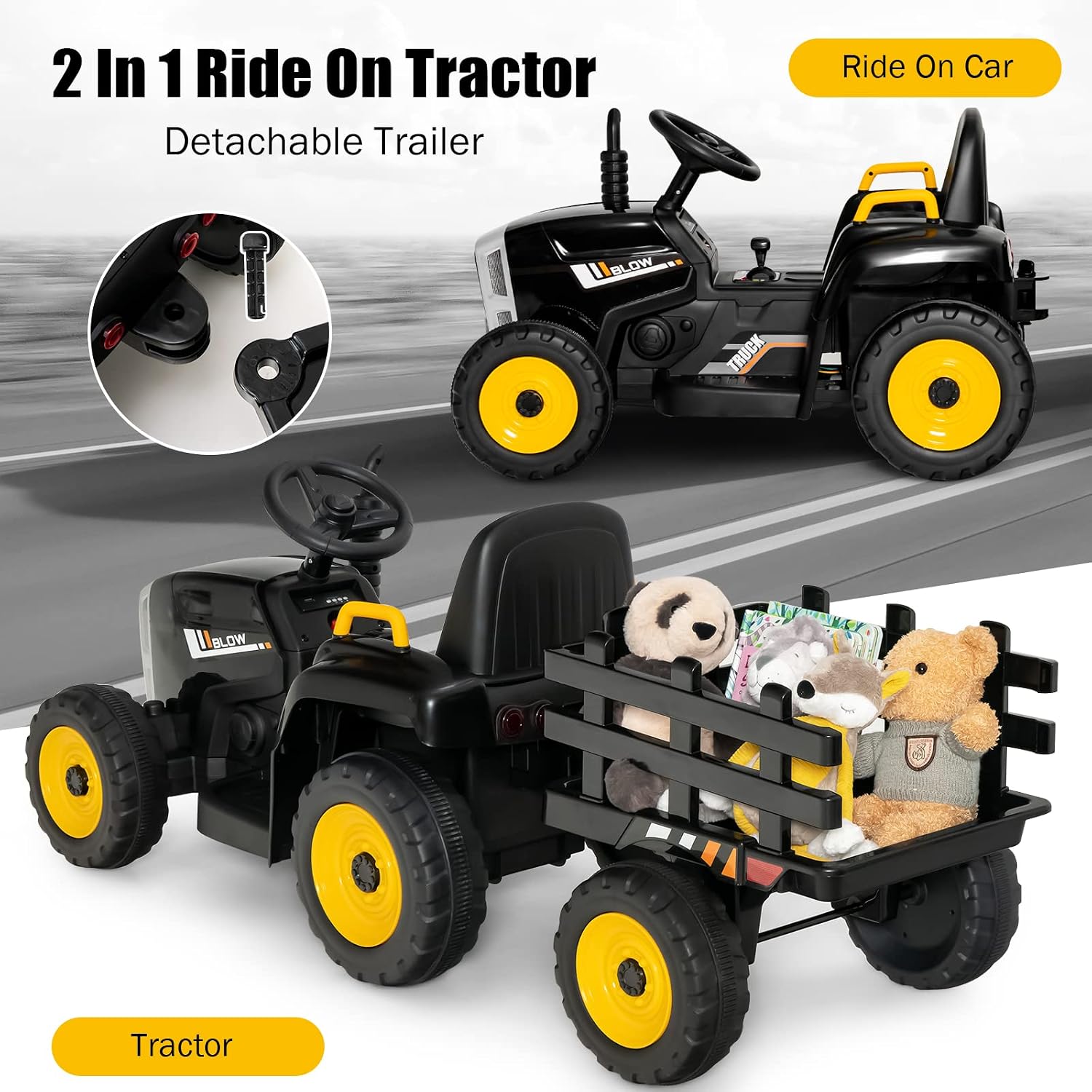 Costzon Ride on Tractor with Detachable Trailer, Kids' Electric Vehicles w/3-Gear-Shift Ground Loader, Wireless Design & USB, 7 LED Headlights
