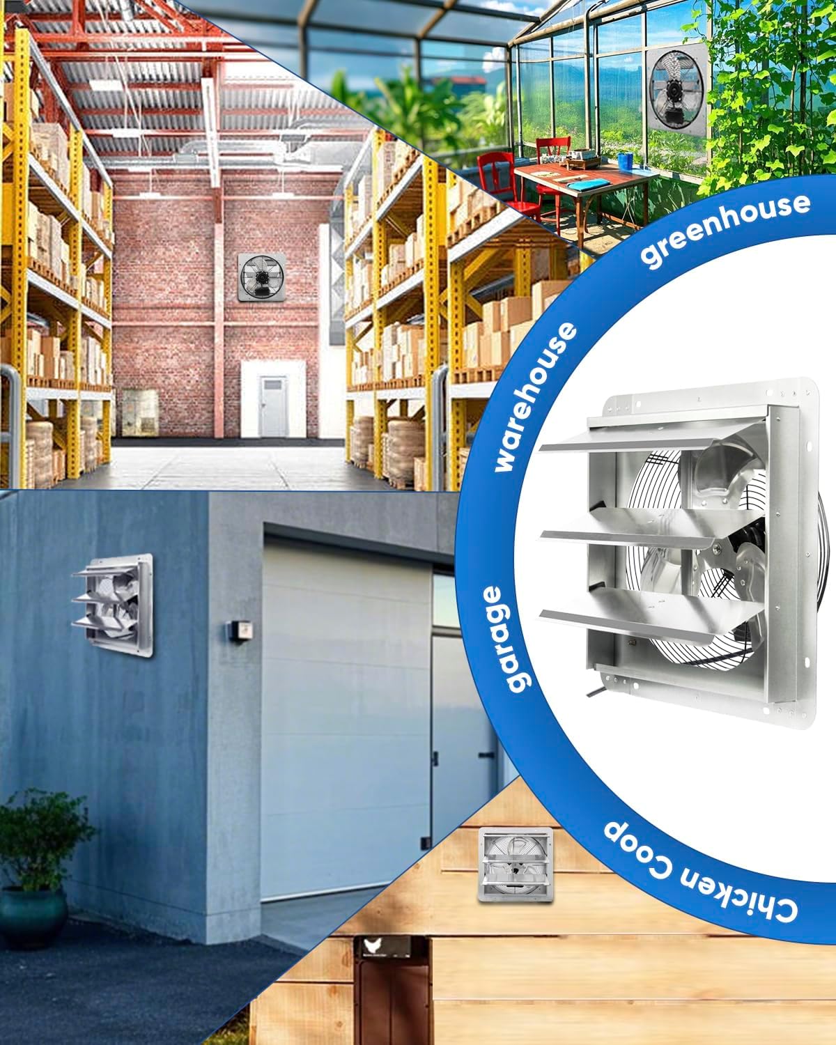 KEN BROWN 12 Inch Shutter Exhaust Fan Wall Mounted, Aluminum with 1.65 Meters Power Cord Kit, High Speed 1450CFM, Vent fan for Commercial, Greenhouse
