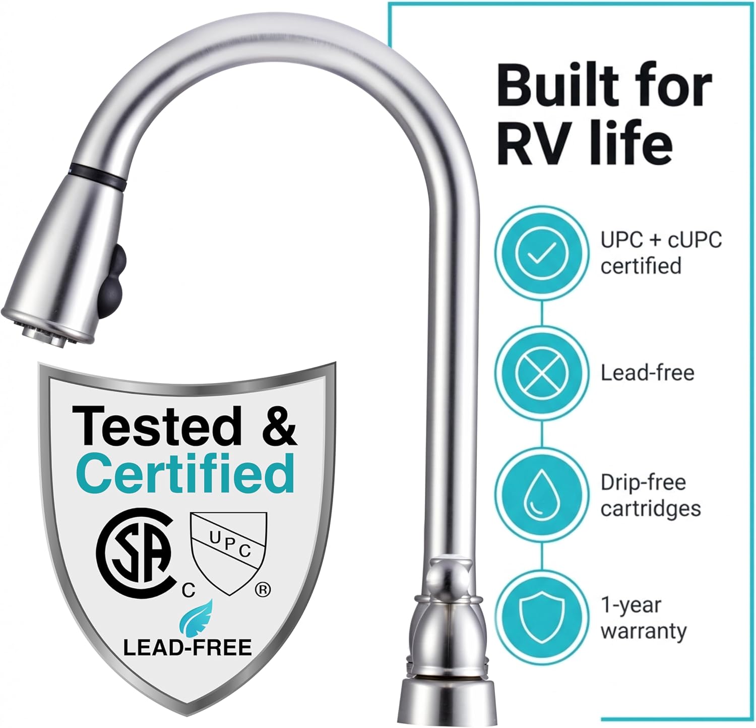 Dura Faucet DF-PK350L-SN RV Pull-Down Kitchen Sink Faucet (Satin Nickel) | Stream-to-spray sprayer with a corrosion-resistant non-metallic build. Brushed Satin Nickel. Plated ABS plastic (not metal).