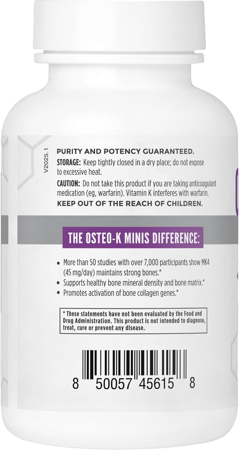 NBI Osteo-K Bone Support - Mini | Vitamin D & K Complex with Calcium Citrate Supplement | 45mg Vitamin K2 (MK4) for Strong Bone Health & Function | 120ct Veggie Capsules