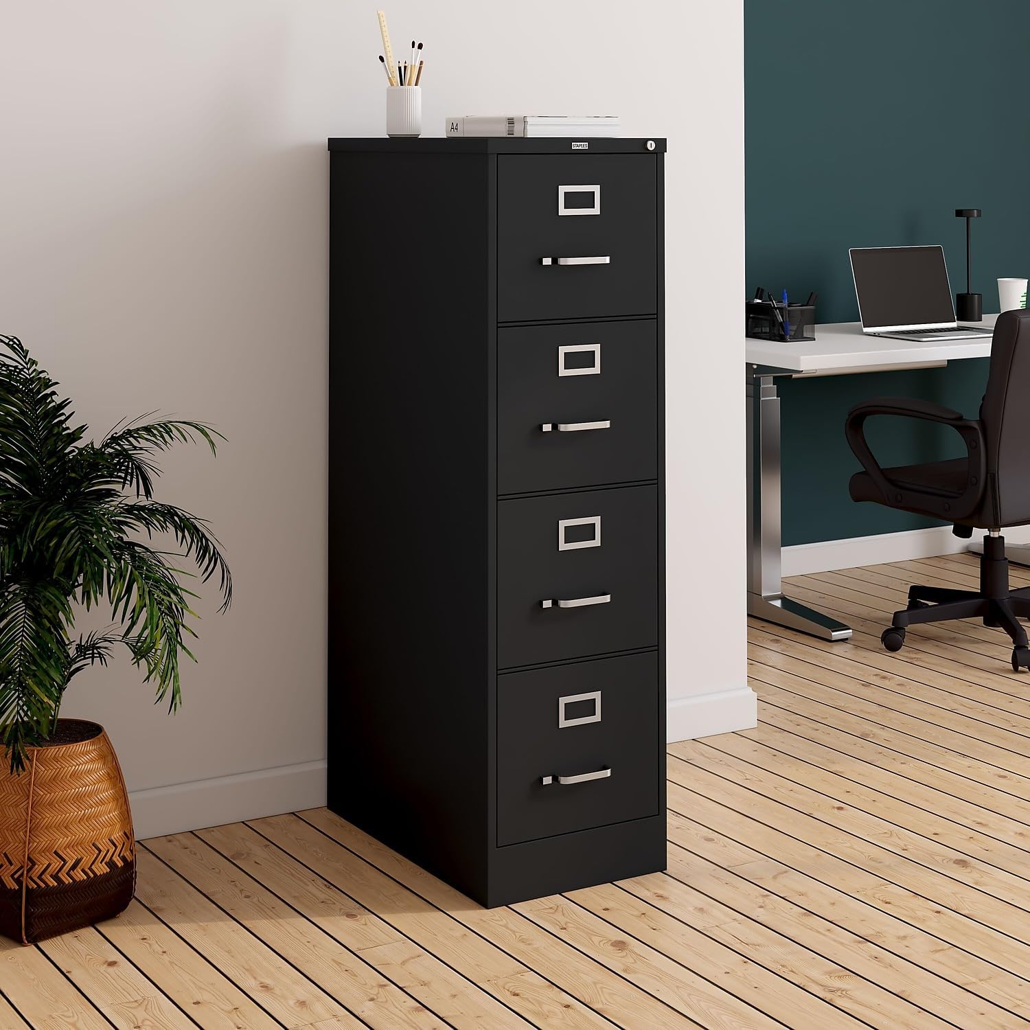 Staples 4-Drawer Vertical File Cabinet, Letter Size Documents, Lockable, 26.5" D x 15" W x 51.97" H, Putty/Beige