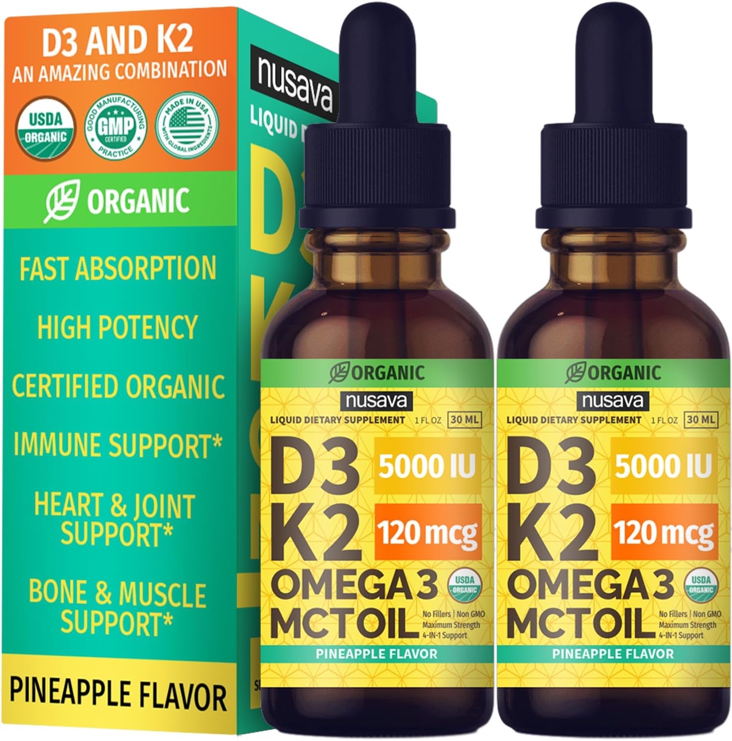 Nusava Organic Vitamin D3 K2 Drops with MCT Oil, Unflavored, Pack of 2