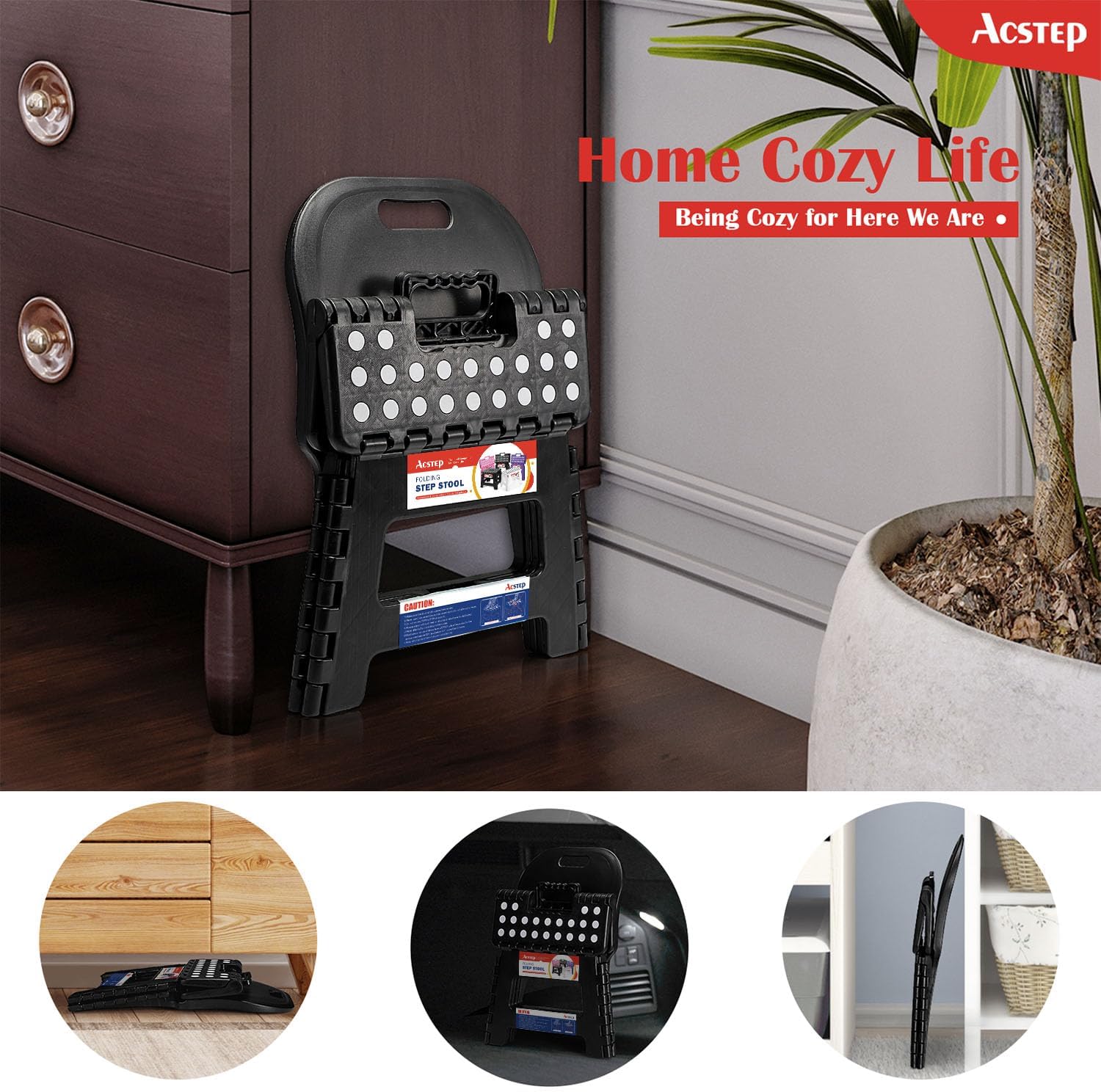 11 Inch Folding Step Stool for Kids, Non-Slip Foldable Stools, Black | Heavy Duty Collapsible Foot Stool, Lightweight with Built-in Handle, Holds 300 lb for Adults Kitchen Bathroom Bedroom Outdoor