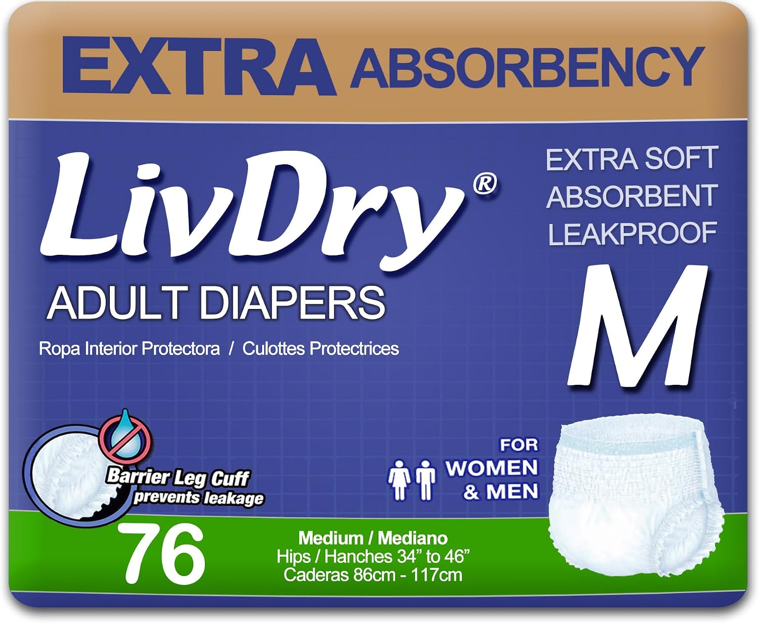 LivDry Adult Incontinence Underwear, Extra Absorbency Adult Diapers, Leak Protection, Large, 72-Pack