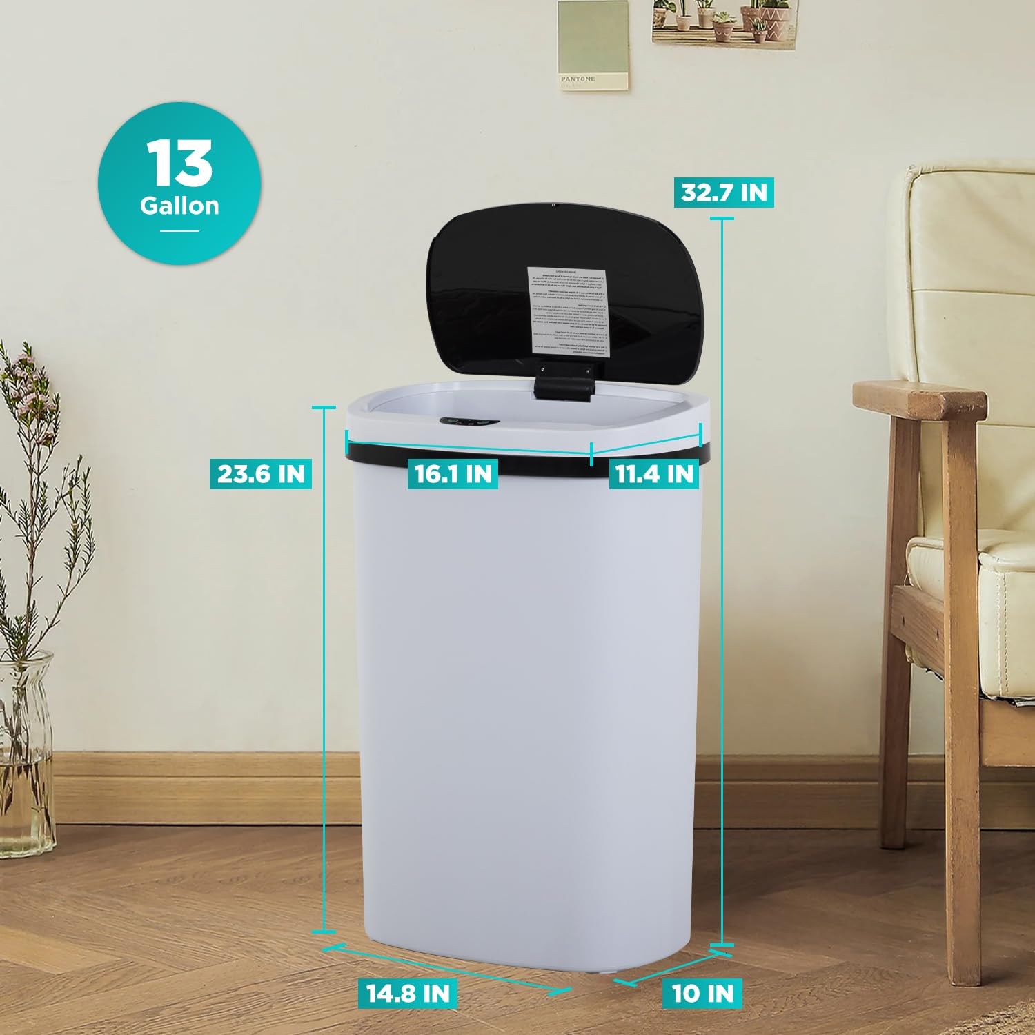 BestOffice | 13 Gallon Stainless Steel Trash Can with Lid | Steel | Automatic Touchless Garbage Can | Odor Control | Modern Oval Design | Easy to Clean | For Kitchen, Bathroom, Office or Home