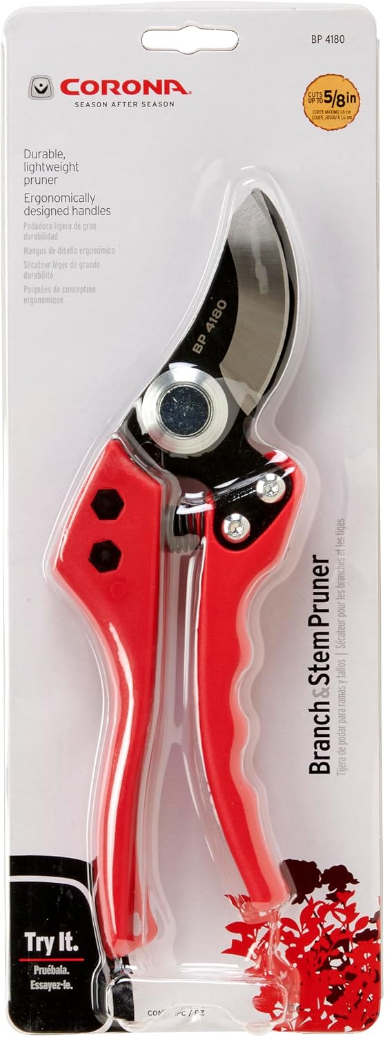 Corona BP 4180 Non-stick Steel Angled Bypass Hand Pruner - 5/8 inch Cut Capacity Stem and Branch Garden Shears, Red