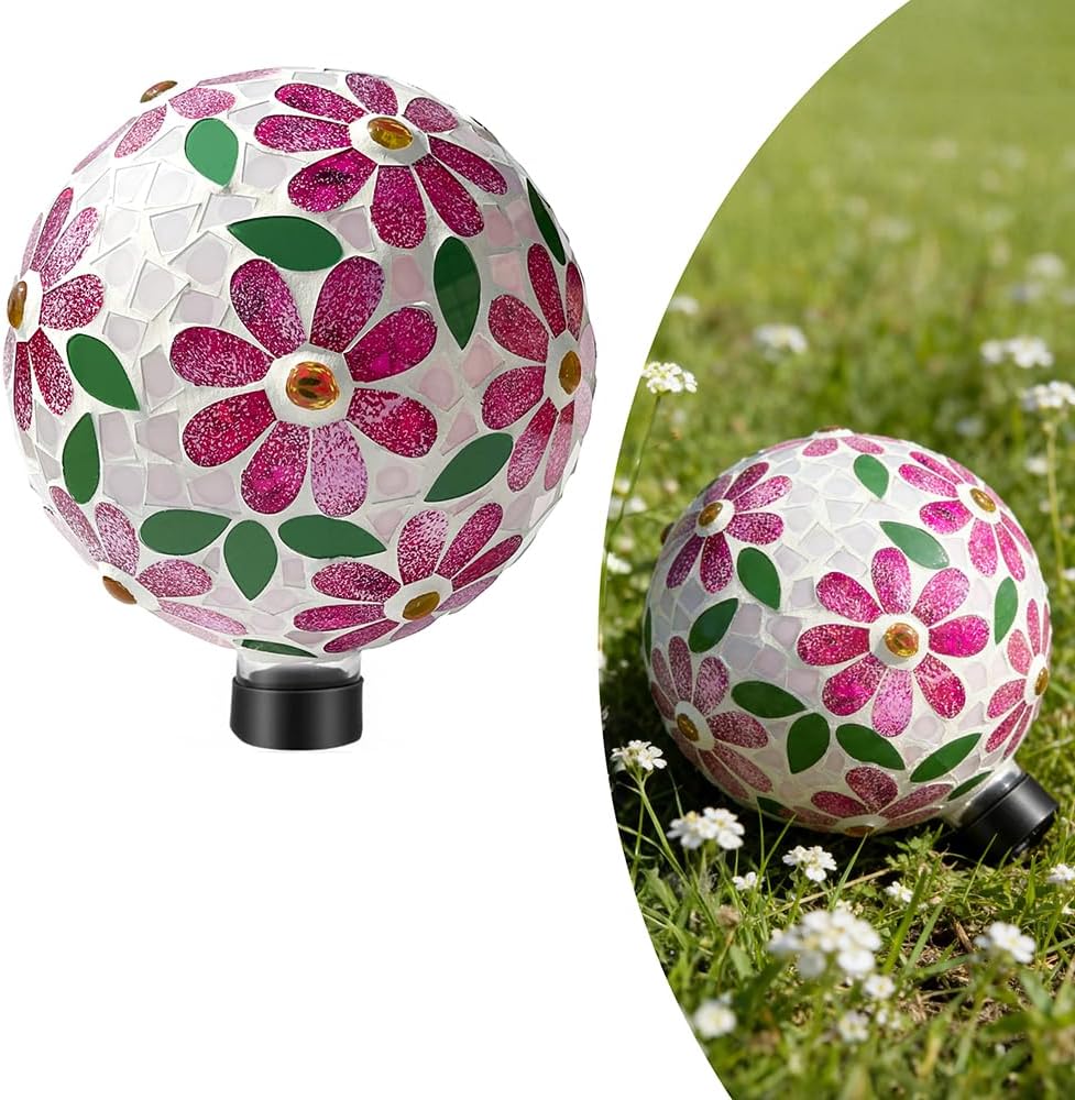 Lily's Home Colorful Mosaic Glass Gazing Ball, Designed with a Stunning Holographic Petal Mosaic Pattern to Bring Color and Reflection to Any Home and Garden, Red and Gold (10" Diameter)