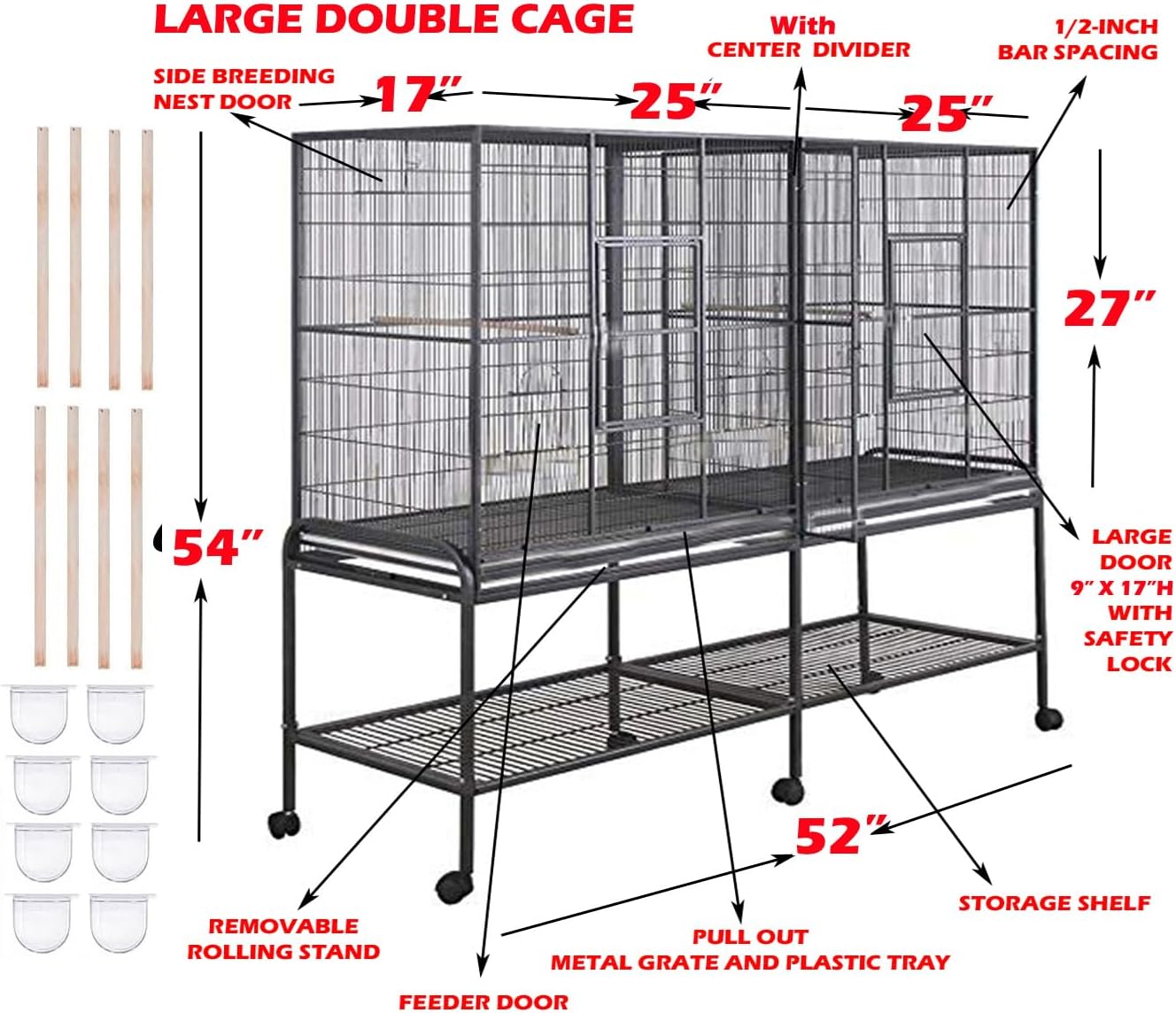 64" Extra Large Double Flight Bird Wrought Iron Double Cage Slide Out Center Divider Side Nesting Box Door Parrot Cage Cockatiel Conure with Removable Rolling Stand Storage Shelf