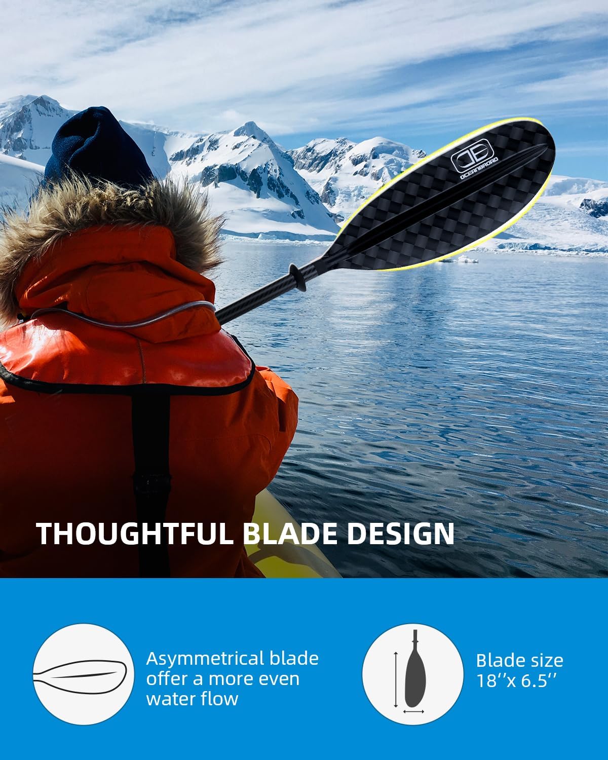 OCEANBROAD Carbon Fiber Kayak Paddle 90.5in/230cm, 86in/218cm for Adults Kayaking Boating Canoeing Oar with Paddle Leash