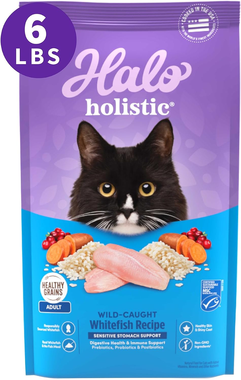 Halo Holistic Dry Cat Food for Sensitive Stomach, Wild-Caught Whitefish Natural Adult Cat Kibble with Healthy Grains, Probiotics & Omega Fatty Acids for Skin and Coat Health, 6 lb Bag