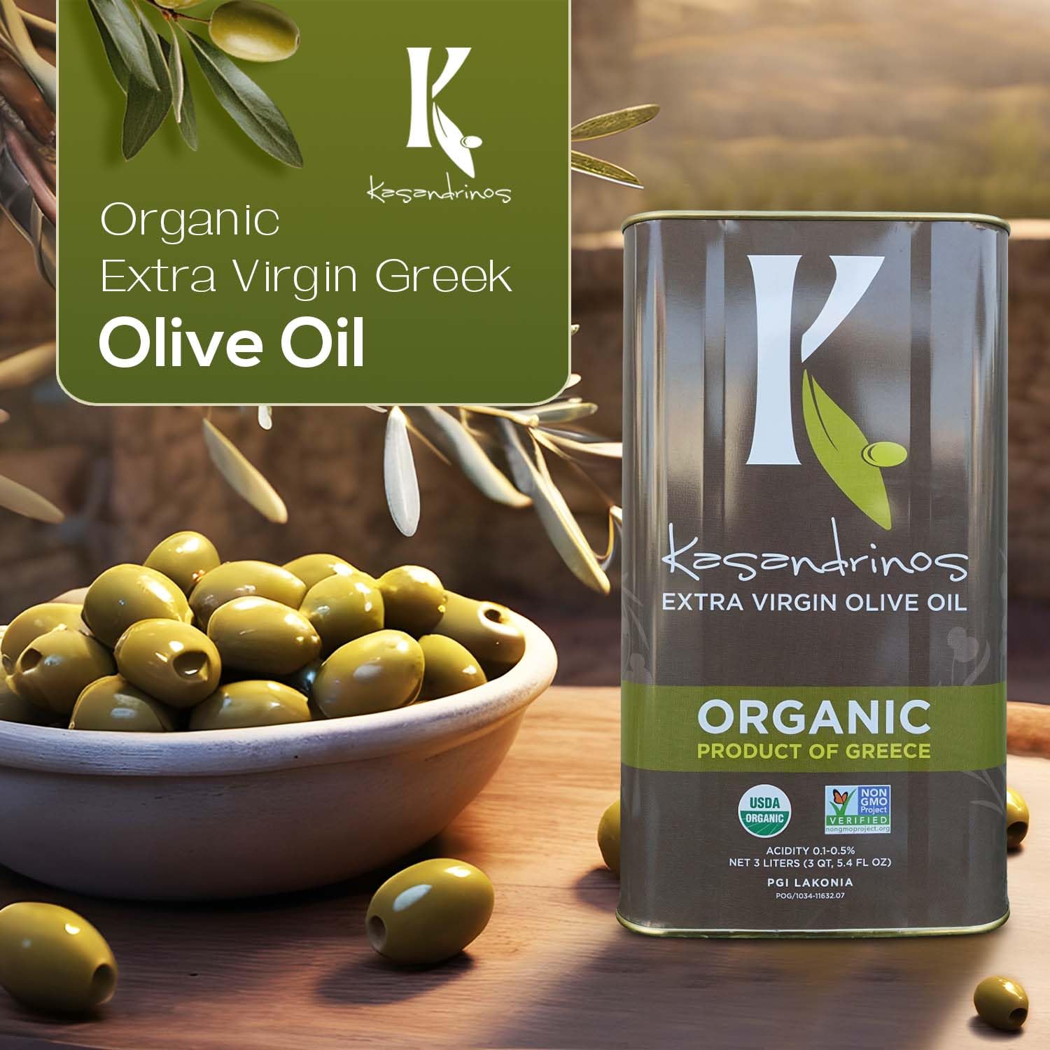 Kasandrinos Organic Olive Oil Extra Virgin, Polyphenol Rich Greek Olive Oil, 100% Organic First Cold Pressed, Mild + Delicate Flavor, Verified by Non GMO, 500 ml / 16.9 oz