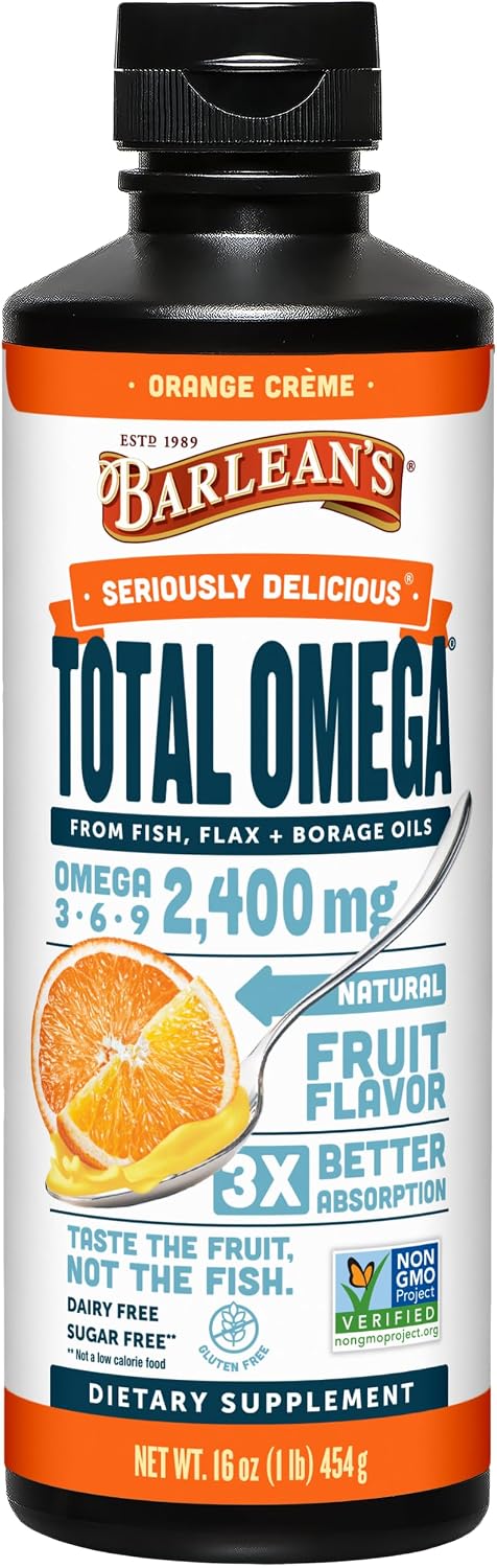 Barlean's Total Omega 3 6 9 Orange Crème Liquid Fish Oil Supplement with Borage and Flaxseed Oil, 2,400 mg of Omegas EPA and DHA Plus GLA for Joint and Heart Health, 8 oz | Fish, borage & flax oils, EPA DHA ALA GLA omegas, Burpless, Non-GMO, Gluten-free,…
