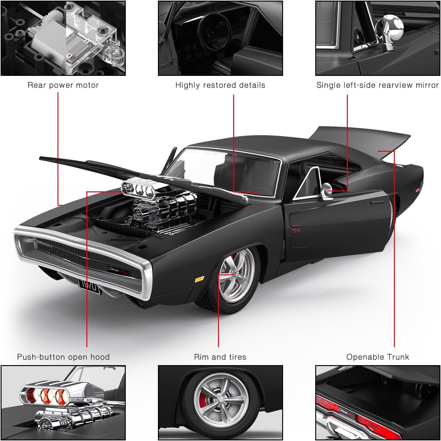 RASTAR RC Cars 1:16 Fast & Furious 1970 Dodge Charger R/T Remote Control Car, Toy Muscle Cars for Boys, Matt Black 2.4G