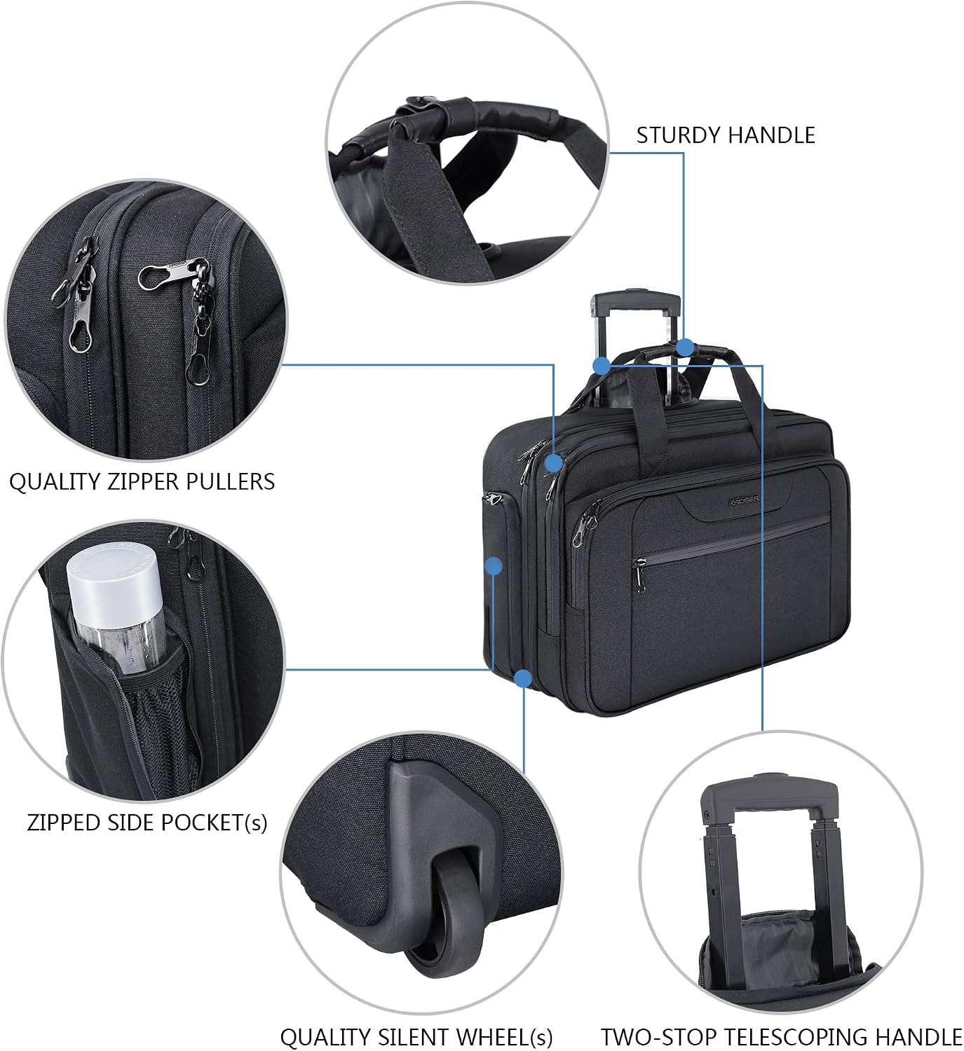 KROSER 17.3 Inch Rolling Laptop Computer Bag,Wheeled Briefcase，Roller case