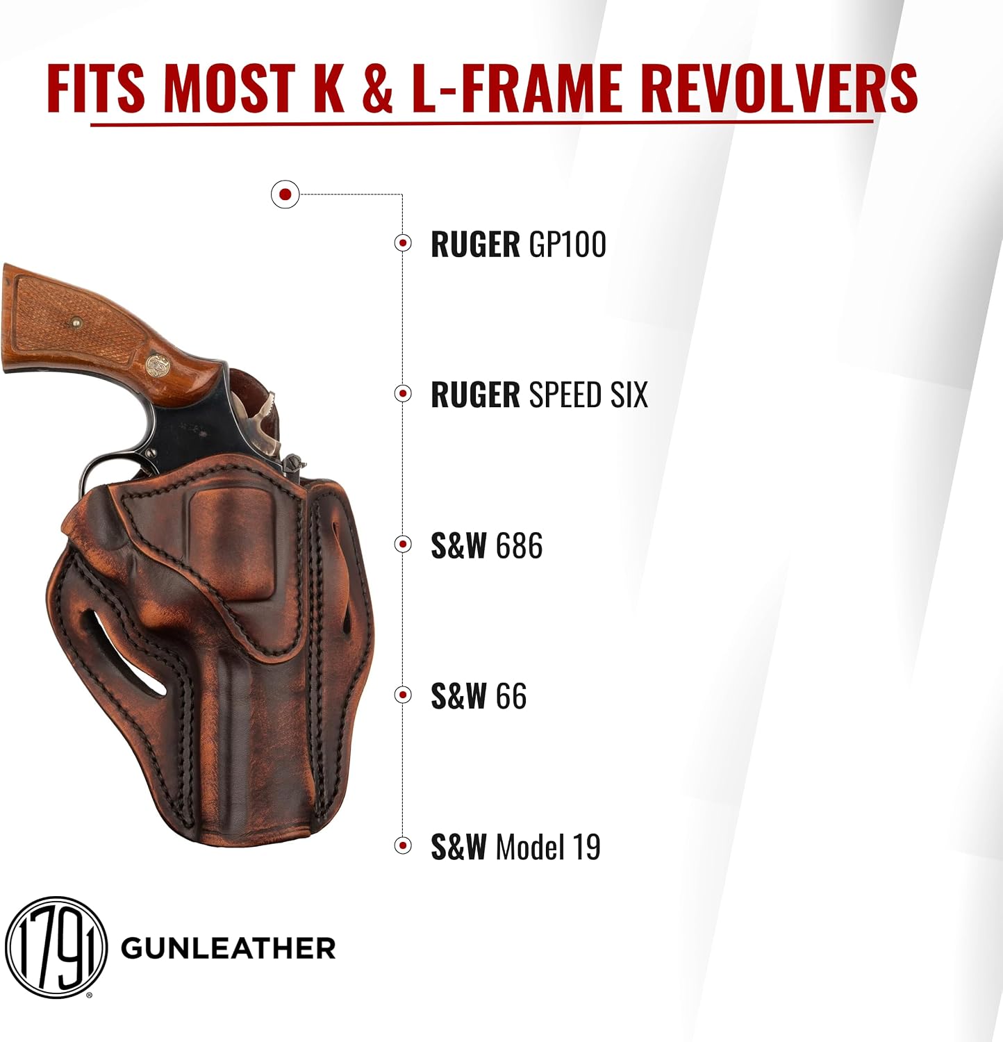 1791 Gunleather OWB K-Frame Holster Fits Ruger GP100, S&W 686, Model 66 | Right-handed leather belt holster also fits S&W 686, Model 66, L-Frame and Ruger Speed Six revolvers